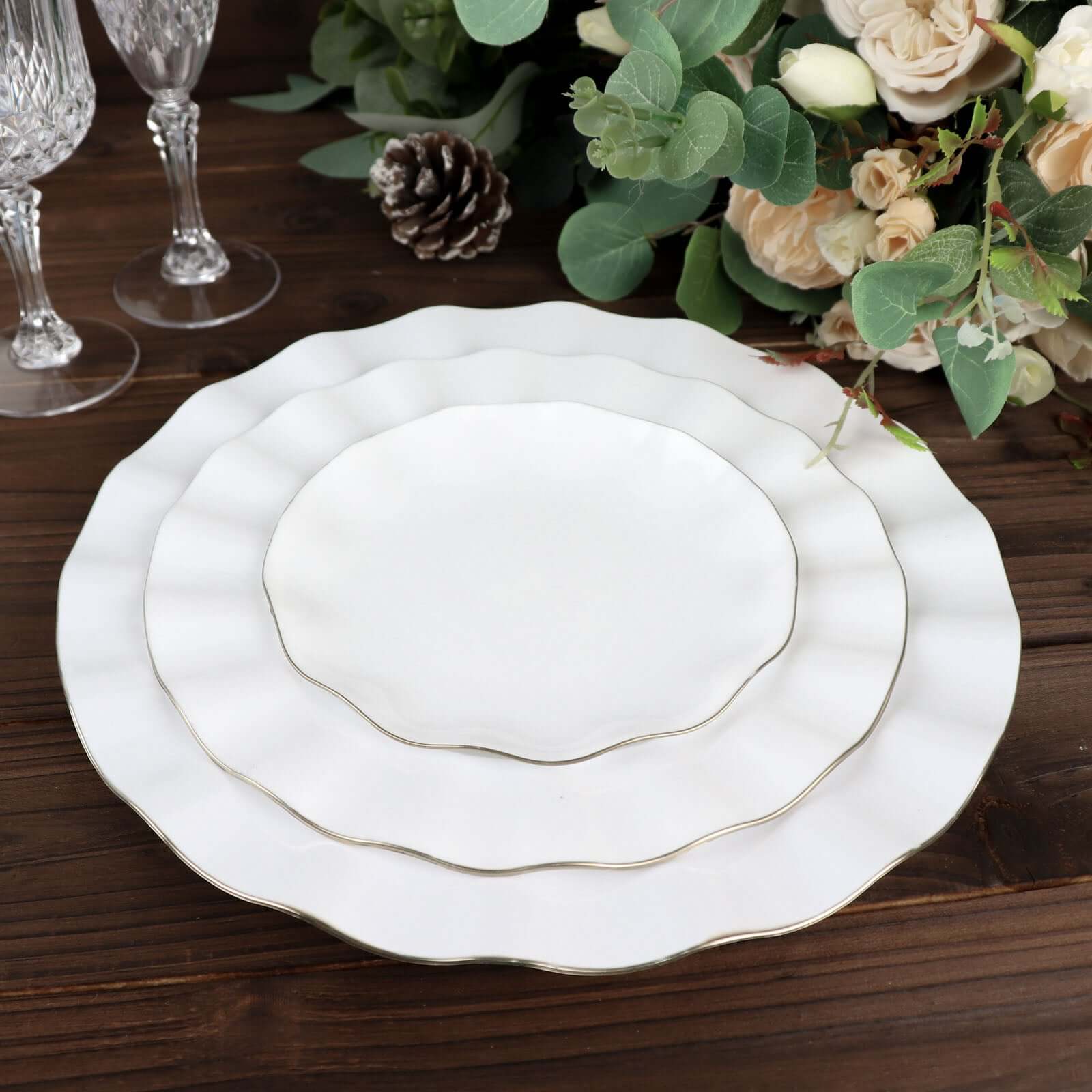 10-Pack Plastic Round 6 Dessert Plates in White Ruffled Rim with Gold Edging - Sturdy Disposable Salad Appetizer Dinnerware for Classy Events & Banquets