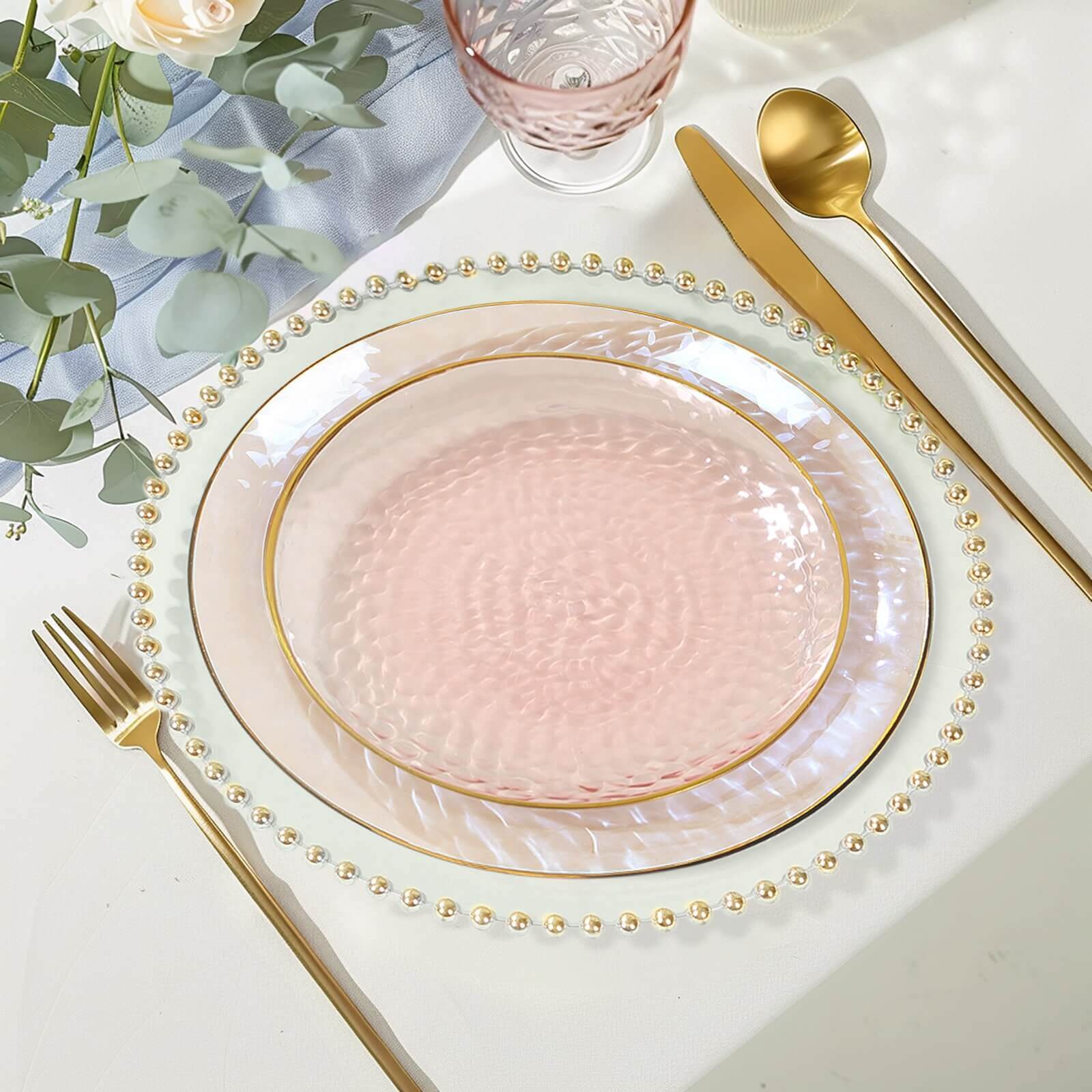 10-Pack Plastic 7 Round Dessert Appetizer Plates in Transparent Blush Hammered Design with Gold Rim - Modern Disposable Salad Plates