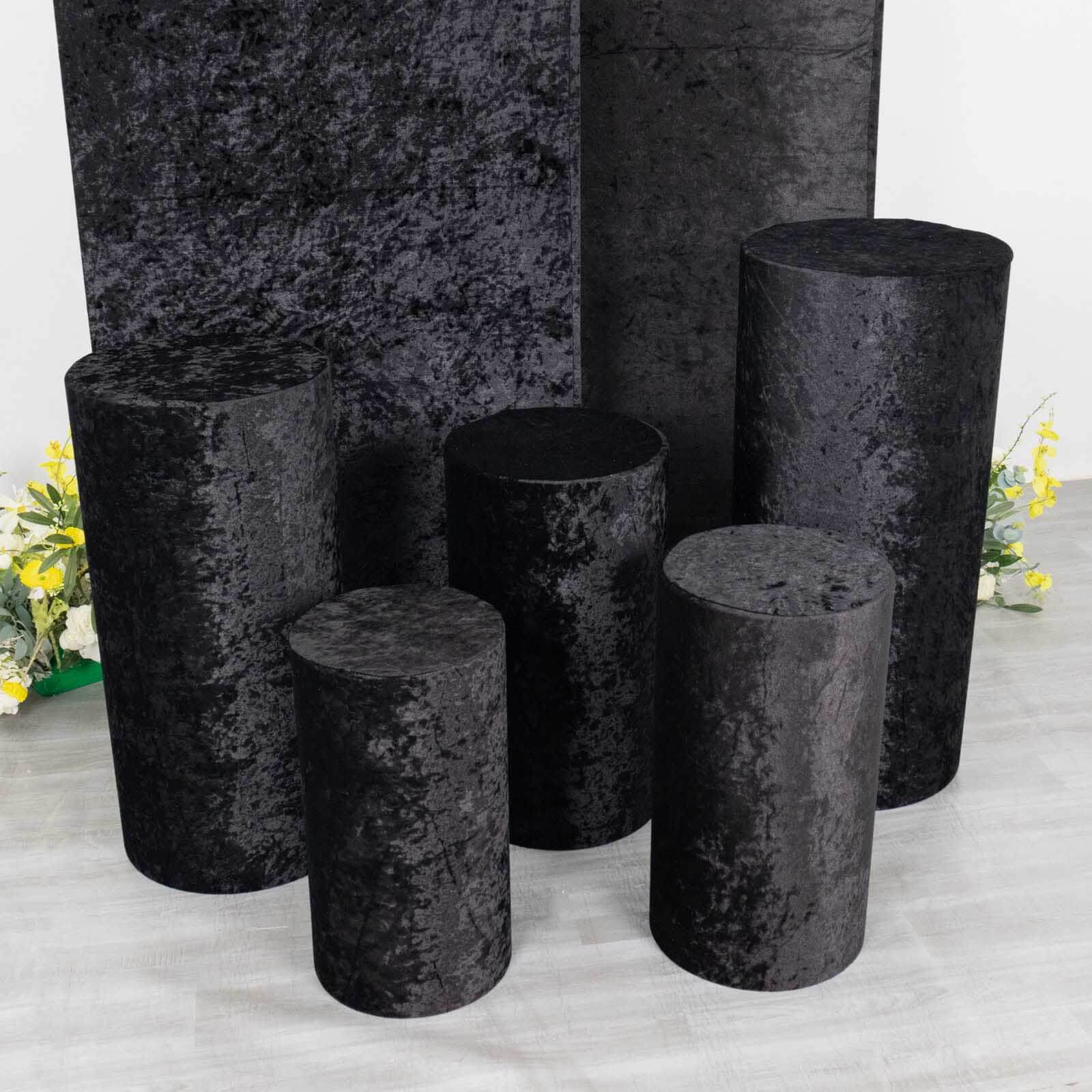 Set of 5 Black Crushed Velvet Cylinder Pedestal Stand Covers, Premium Pillar Prop Covers