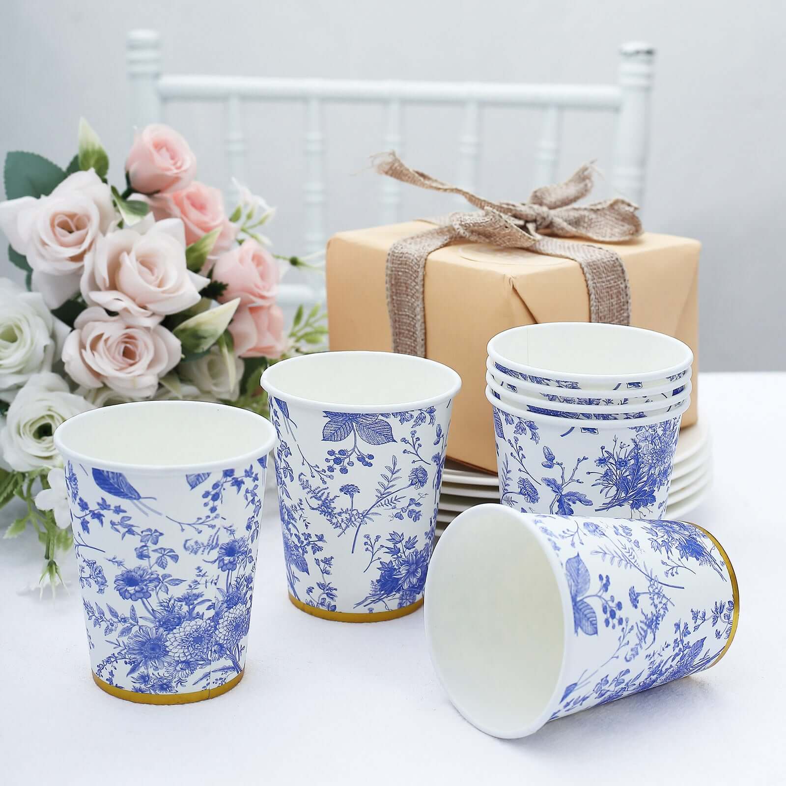 24-Pack Paper Cups in White with Light Blue French Toile Print - Stylish Disposable Floral Party Cups with Gold Rim for Hot & Cold Beverages 9oz