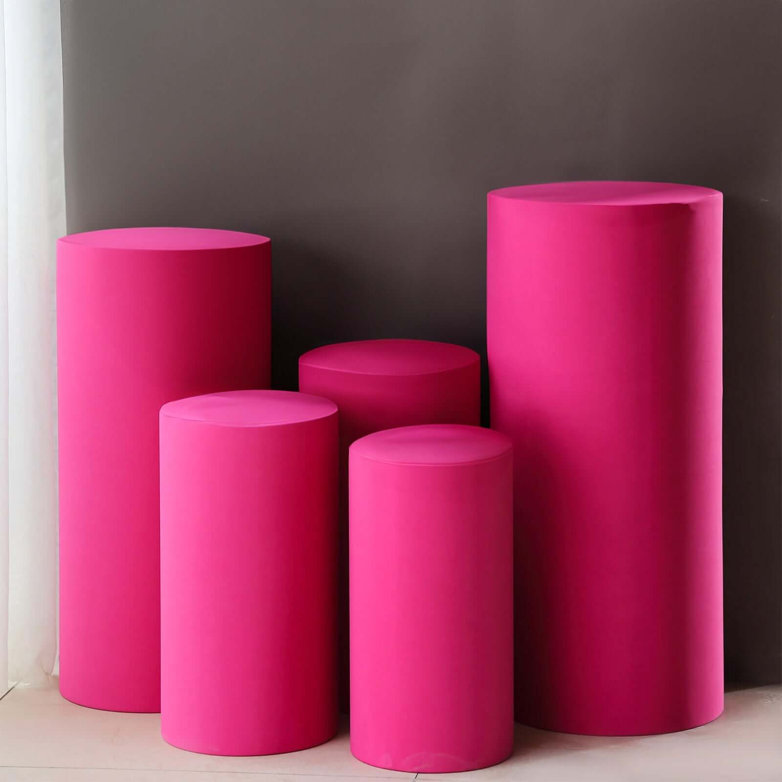 Set of 5 Fuchsia Spandex Cylinder Pedestal Stand Covers, Stretchable Pillar Prop Covers - 160 GSM