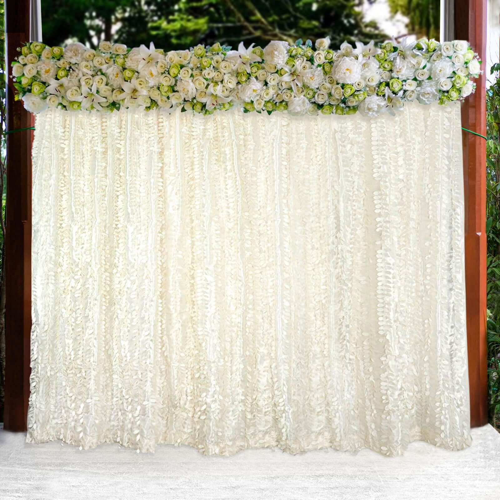 8ftx8ft Ivory 3D Leaf Petal Taffeta Event Curtain Drapes, Backdrop Event Panel With Rod Pocket