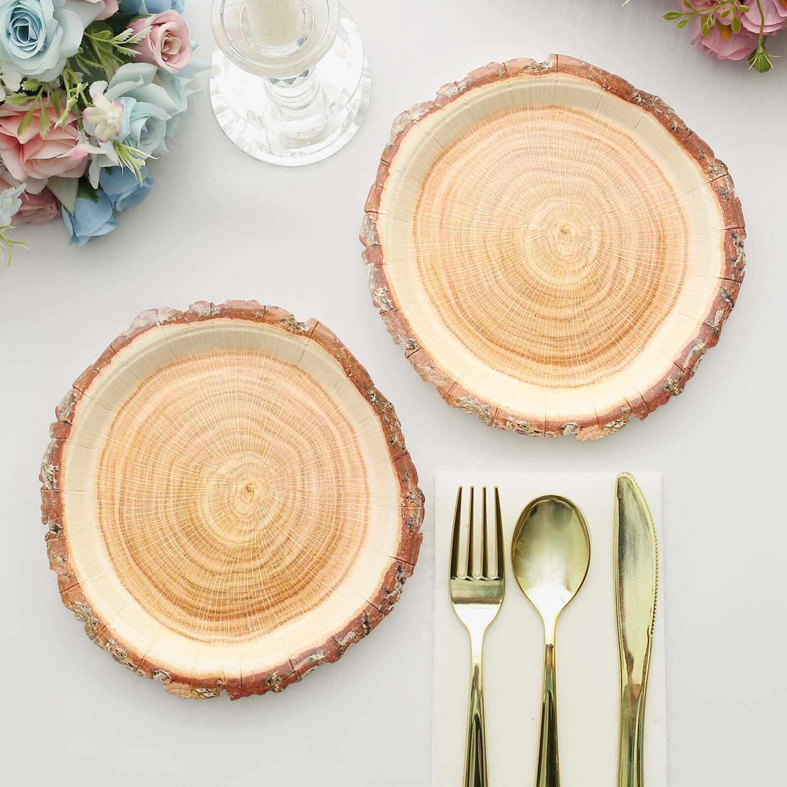 25-Pack Paper 7 Round Dessert Plates in Natural Wood Slice Print - Disposable Appetizer Salad Plates for Rustic Farmhouse Style Events