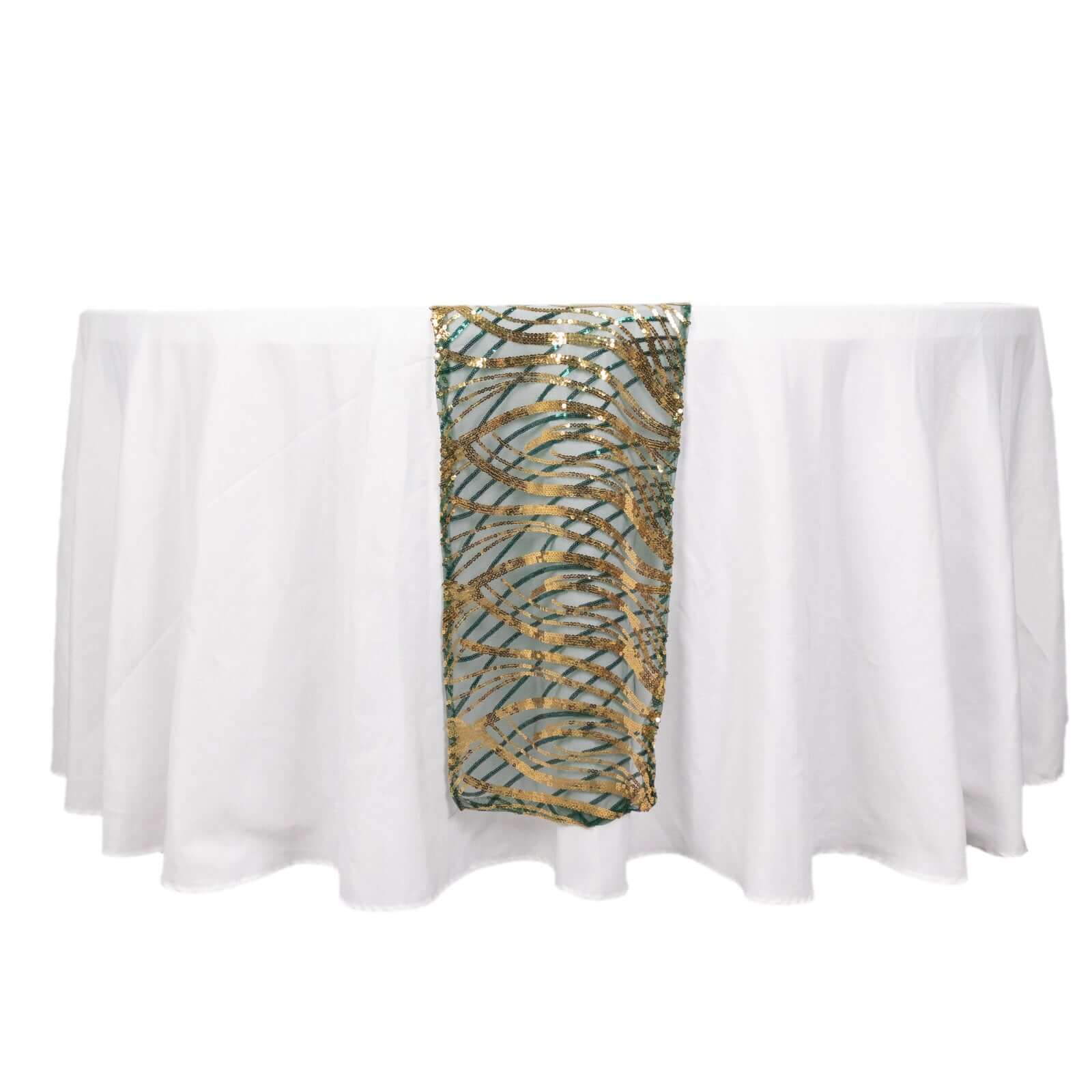 Sequin Mesh 12x108 Table Runner Hunter Emerald Green Stylish Wave Embroidery