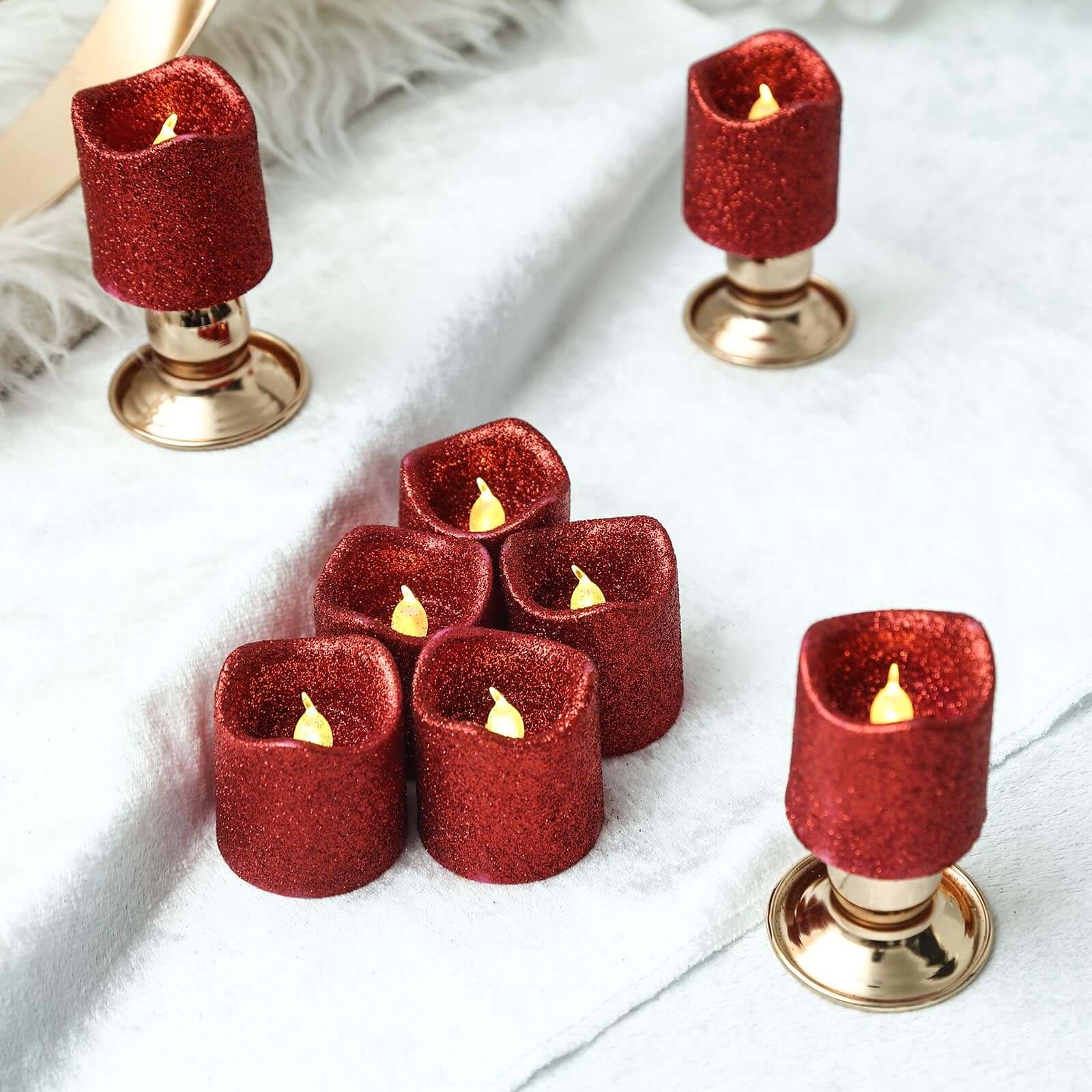 12-Pack LED Votive Candles Glittered Red Design - Reusable Flameless Battery Operated Lights