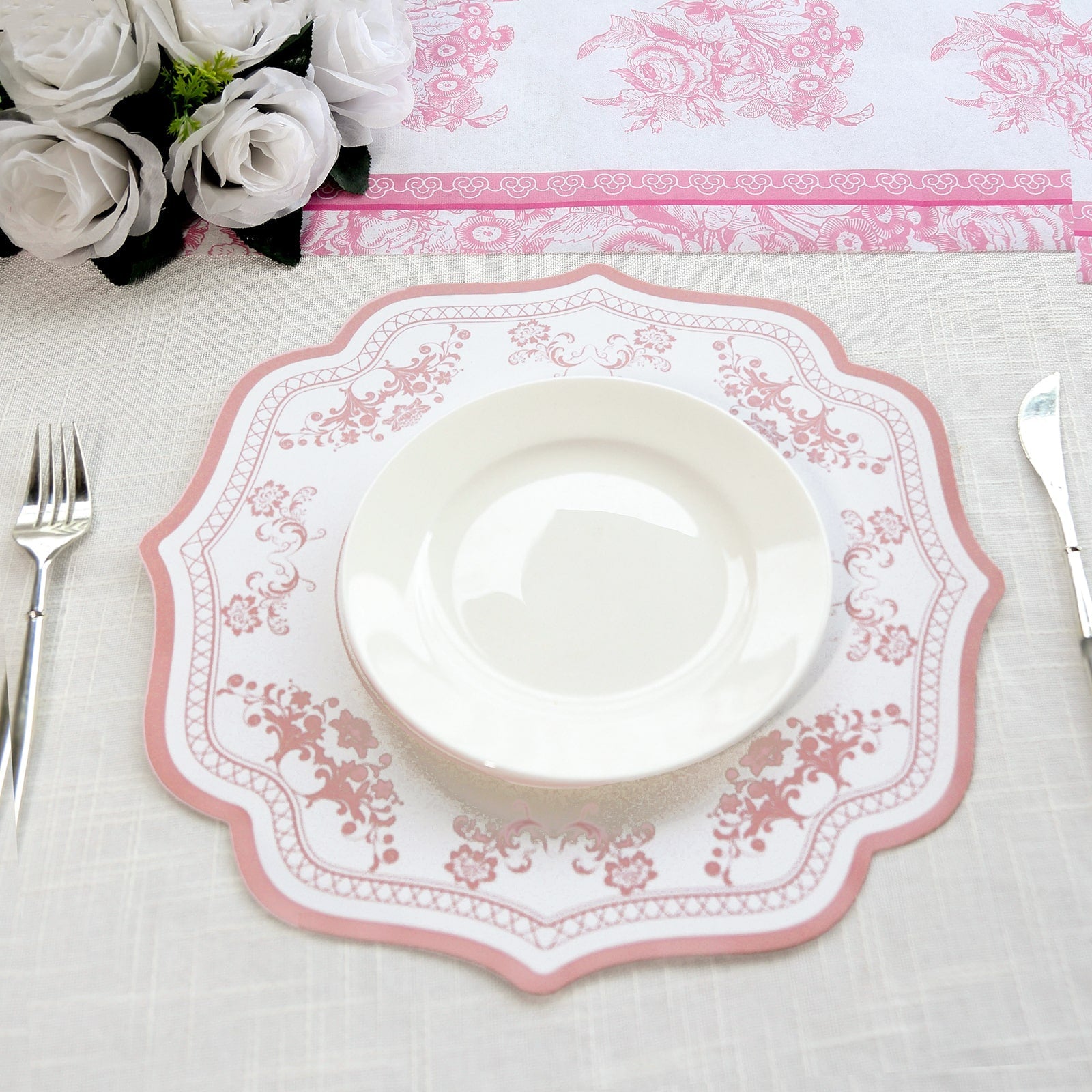 10-Pack Disposable Table Placemats 13 Round Placemats in White with Pink French Toile Pattern & Scalloped Rim - 400GSM Cardboard Placemats for Stylish Table Setting