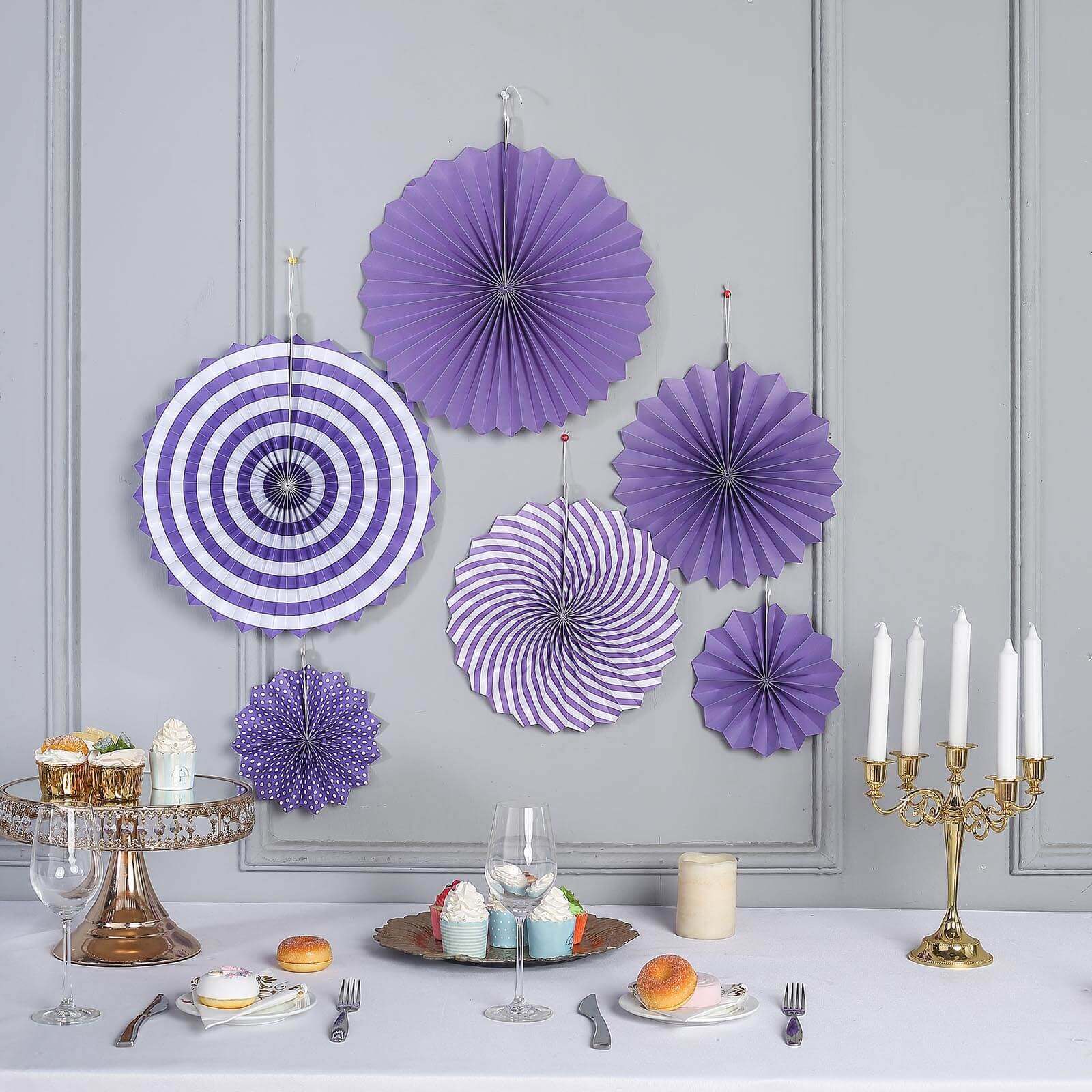 Set of 6 Purple Hanging Paper Fan Decorations, Pinwheel Wall Backdrop Party Kit - 8, 12, 16