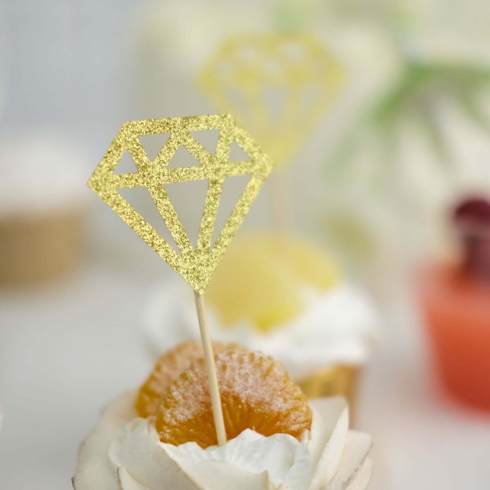 24-Pack Cupcake Toppers Diamond Ring Design Glitter Gold - Party Cake Picks Engagement Decoration Supplies