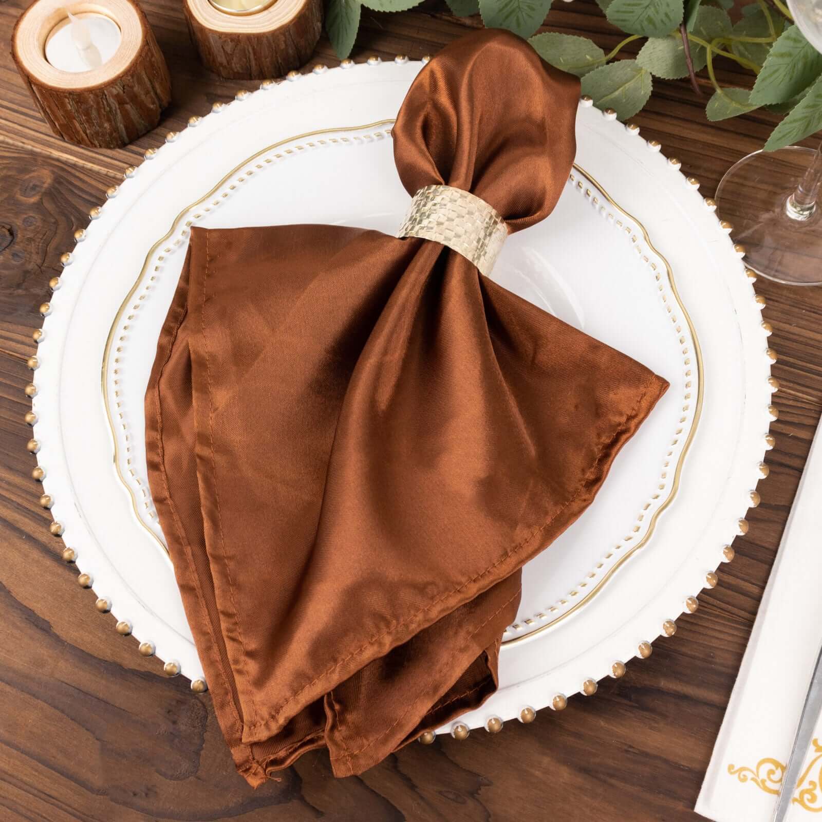 5 Pack Satin 20x20 Napkins Cinnamon Brown - Luxurious Shine & Smooth Dinner Napkins