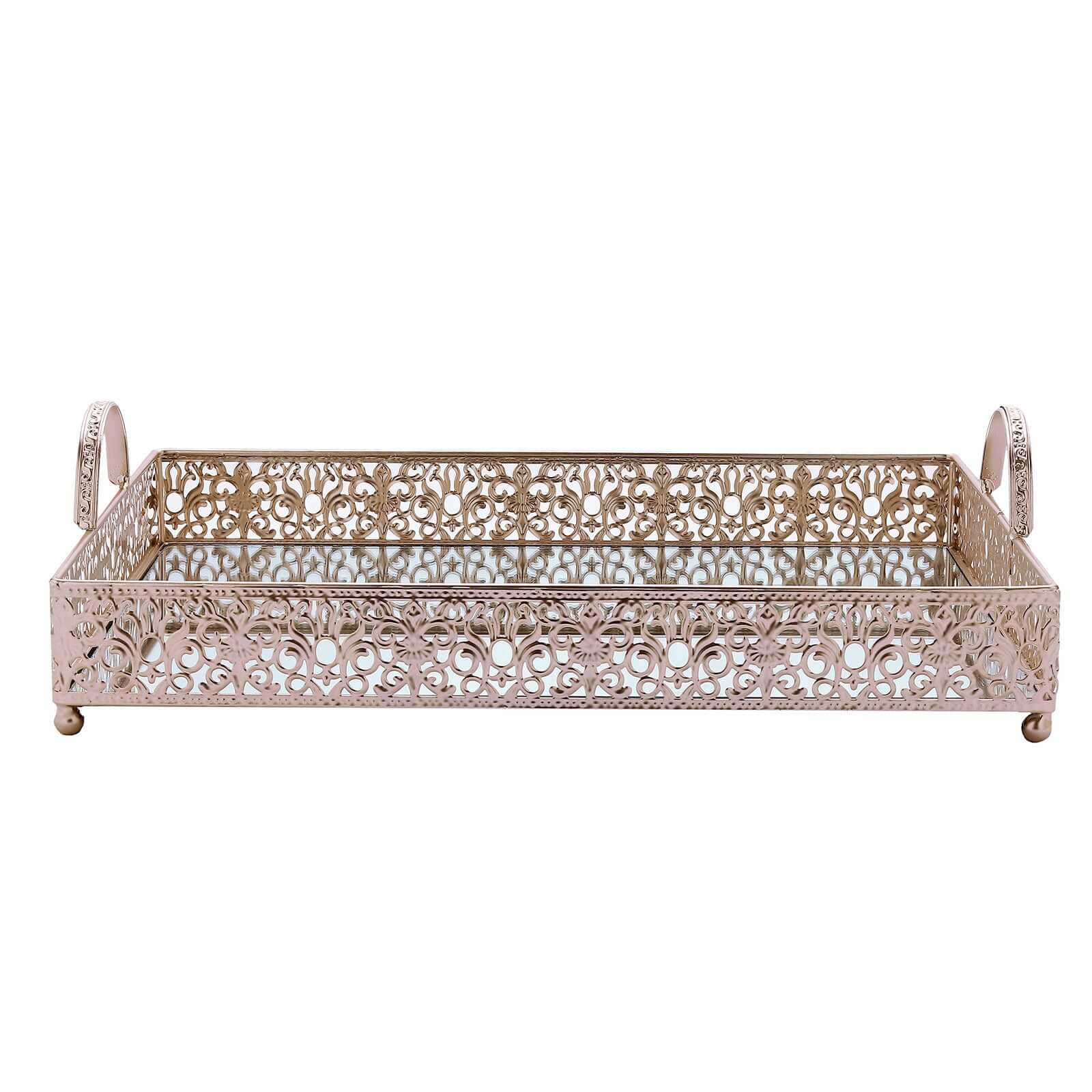 Metal Mirrored Rectangle Serving Tray 16x12 in Rose Gold Fleur De Lis Design with Handles, French Inspired Decorative Vanity Tray Centerpiece