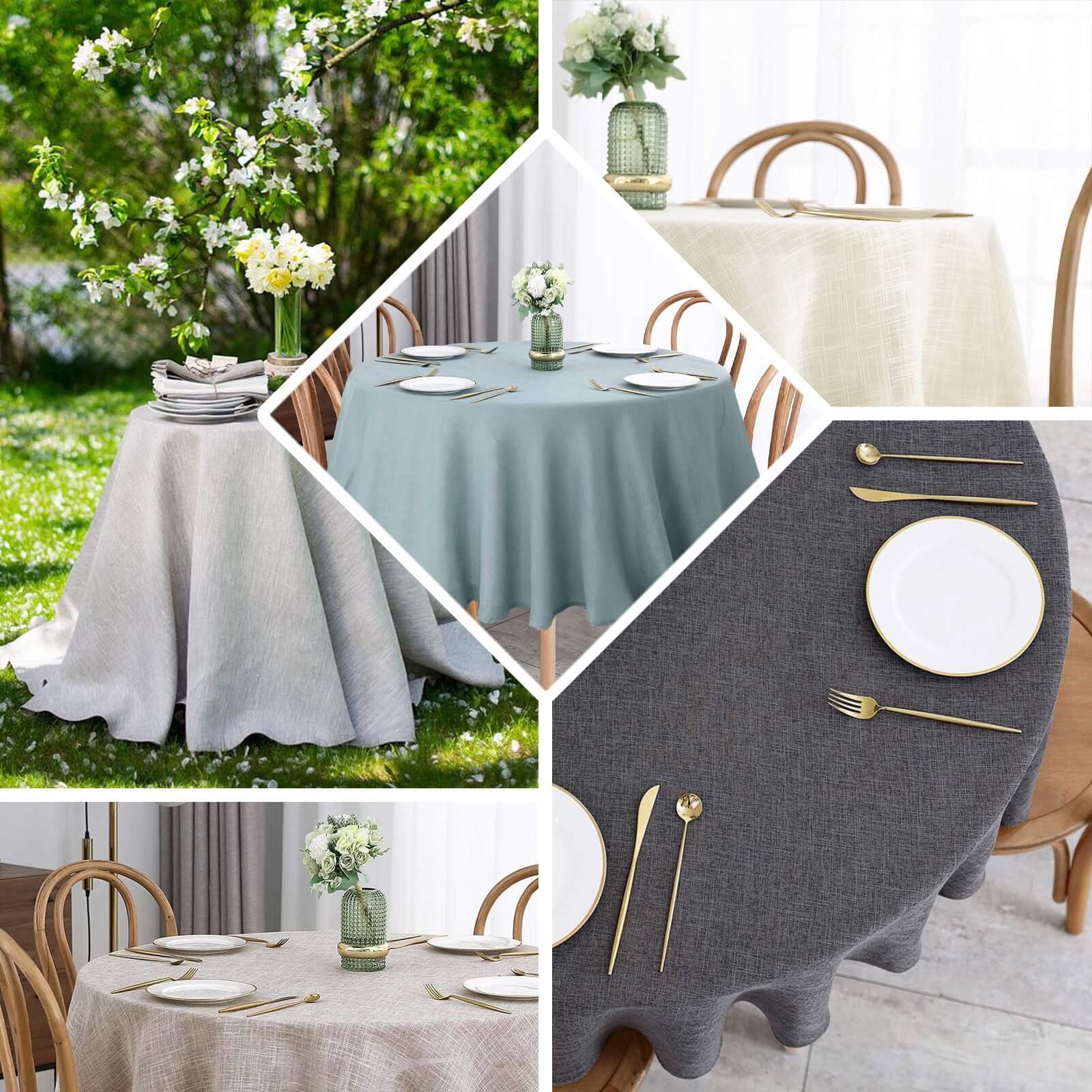 Faux Linen 120 Round Tablecloth Dusty Blue - Slubby Texture Wrinkle-Resistant Seamless Table Cover