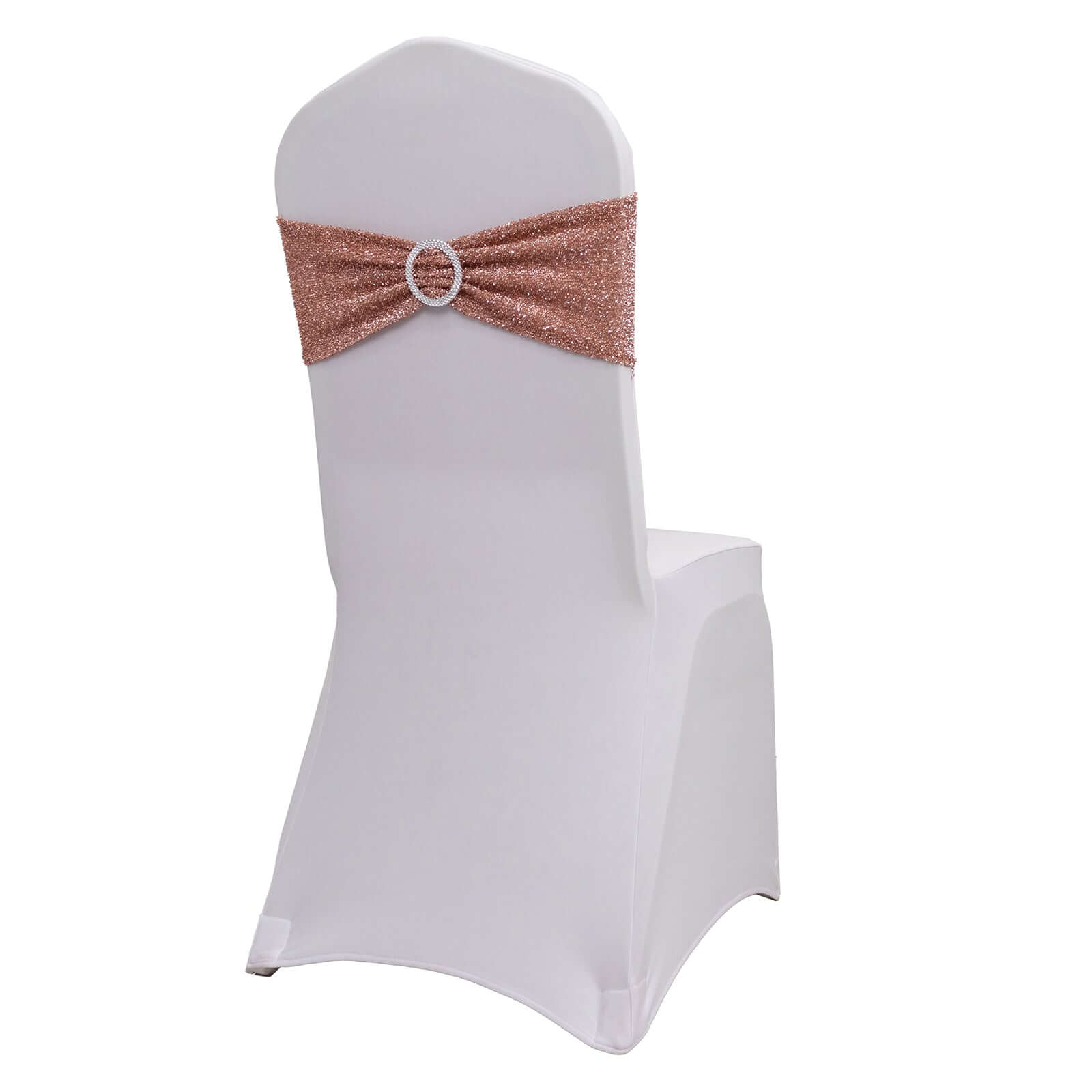 5 Pack Chair Sashes Shimmer Tinsel Spandex 5x12 with Silver Rhinestone Buckles Rose Gold