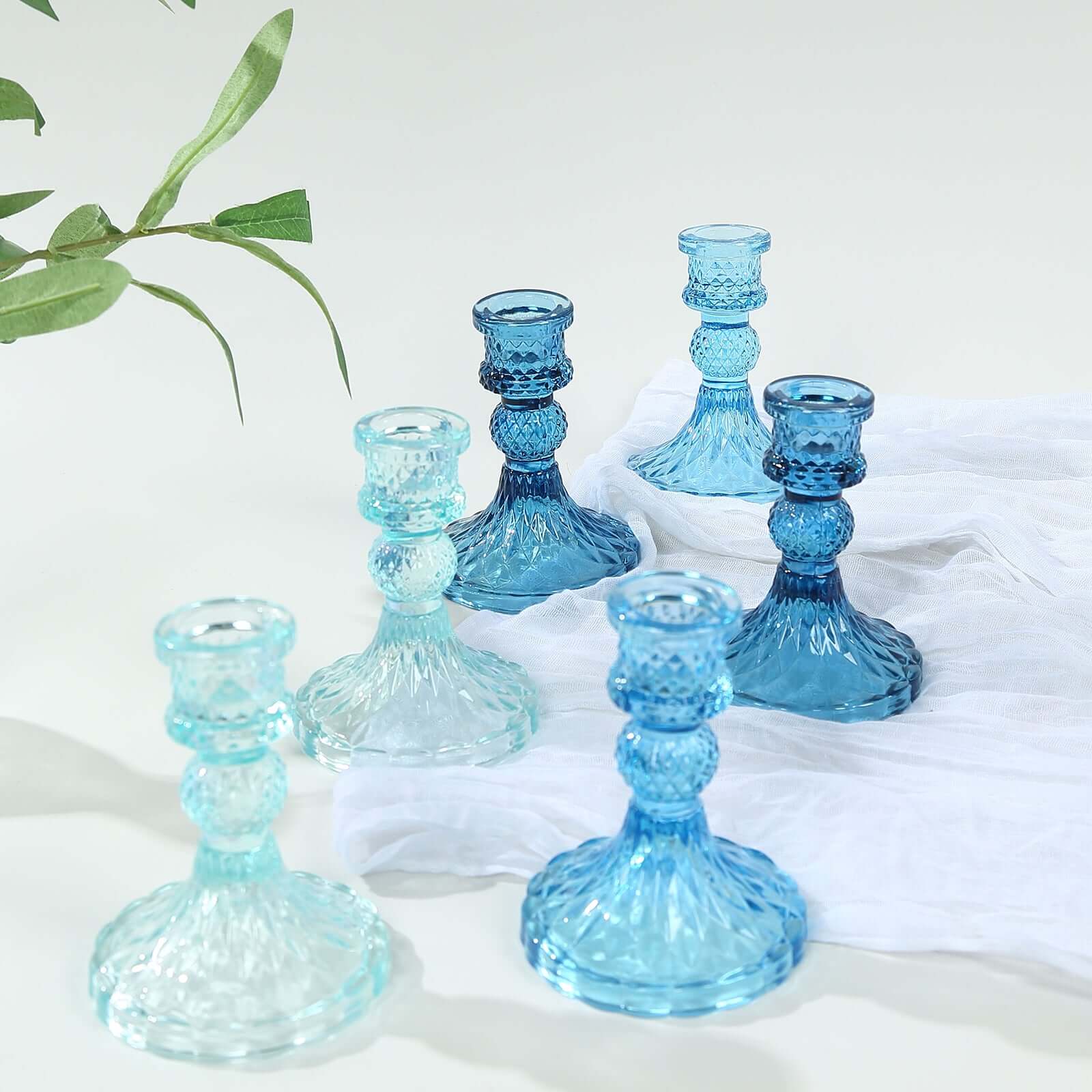 6-Pack Glass Taper Candlestick Holders Diamond Pattern Design Assorted Blue - Reversible Crystal Pillar Votive Stands 4