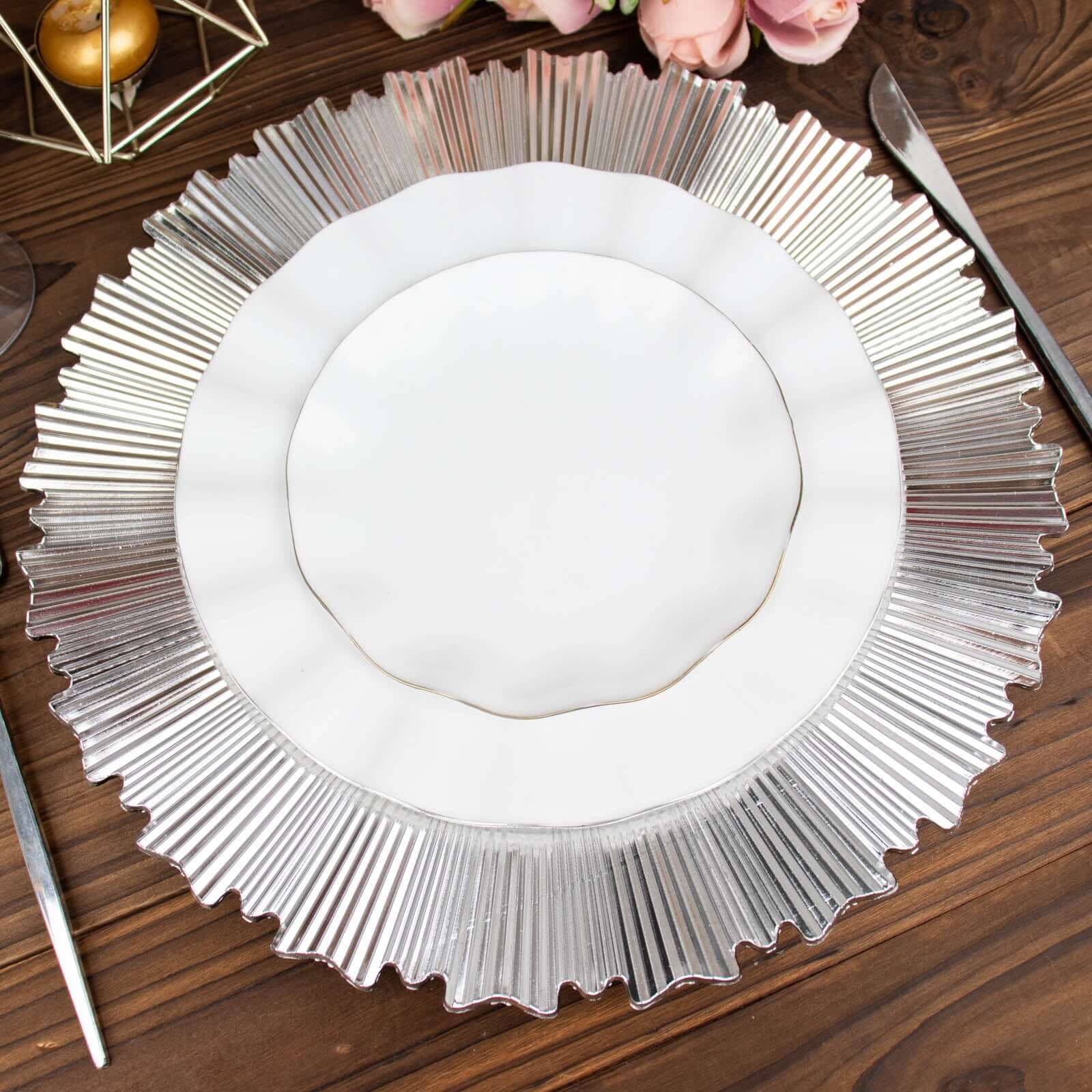 6-Pack Acrylic Plastic Round Charger Plates 13 in Metallic Silver with Sunray Scalloped Rim, Decorative Dinner Party Charger Tableware