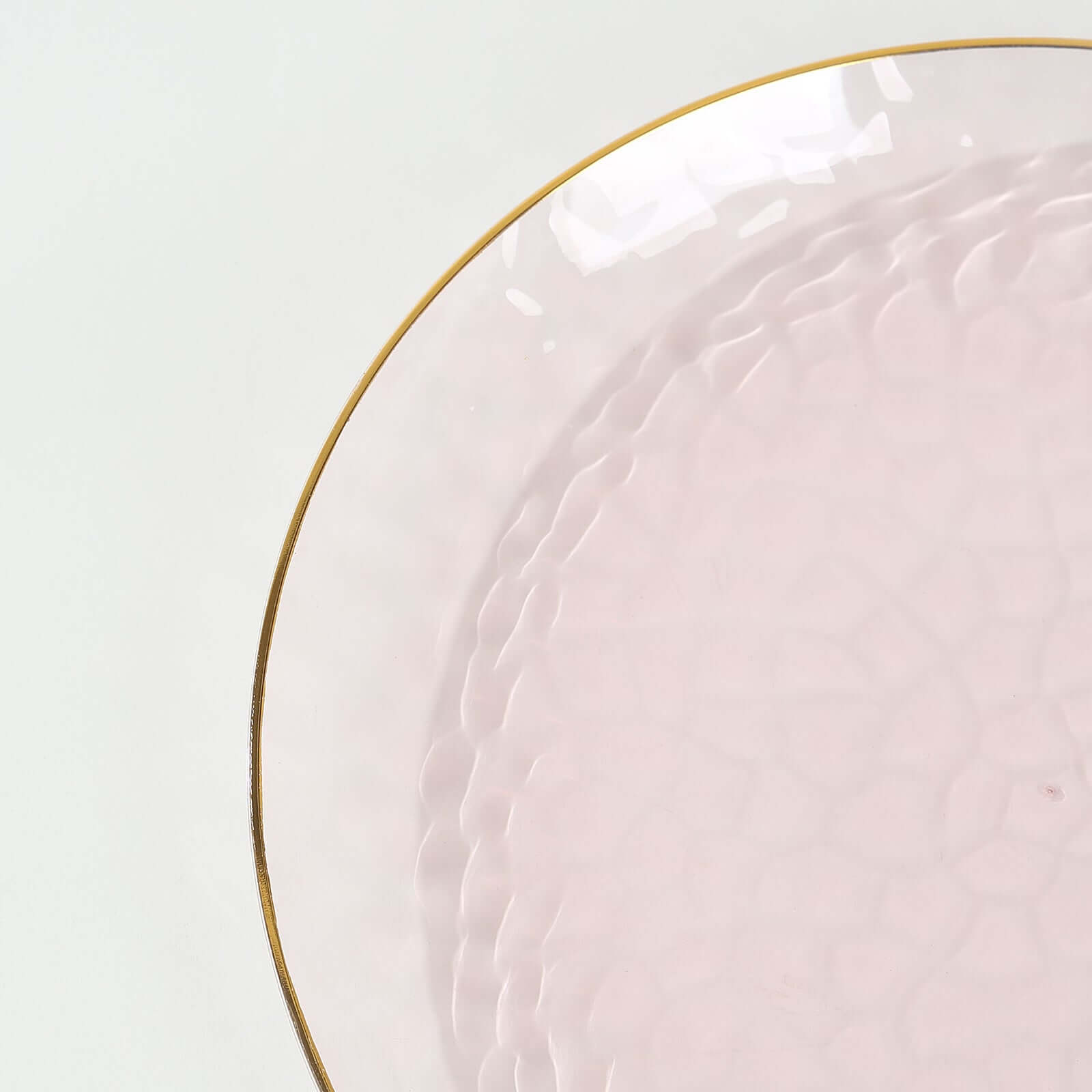 10-Pack Plastic 9 Round Dinner Plates in Transparent Blush Hammered Design with Gold Rim - Modern Disposable Party Plates