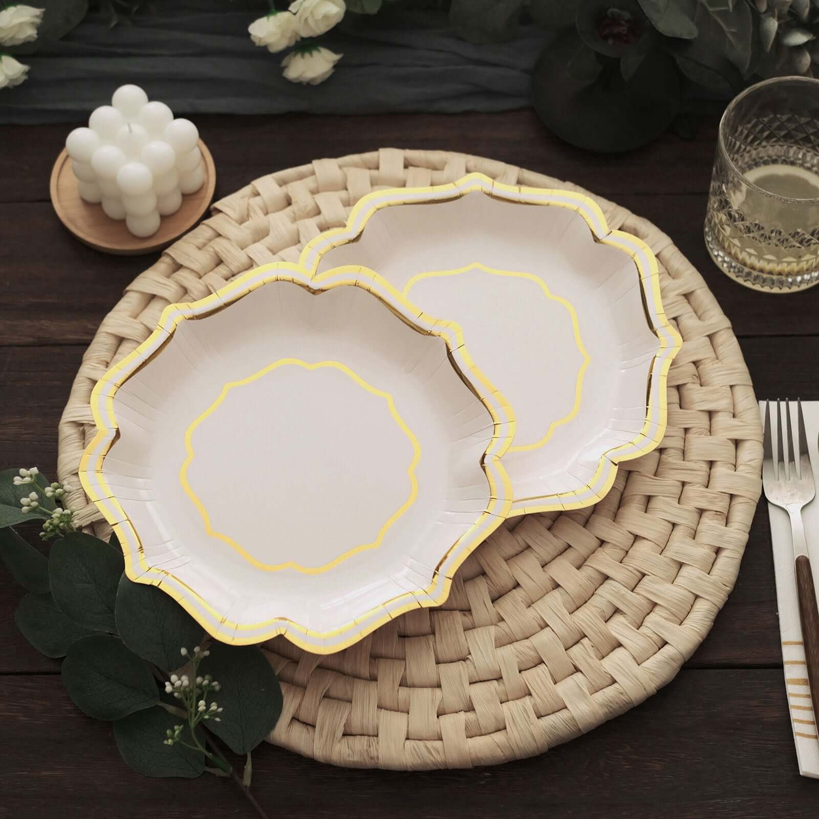 25-Pack Paper Dessert Plates in White with Gold Scallop Rim - Disposable 300GSM Appetizer Salad Plates for Classy Banquets & Celebrations 8