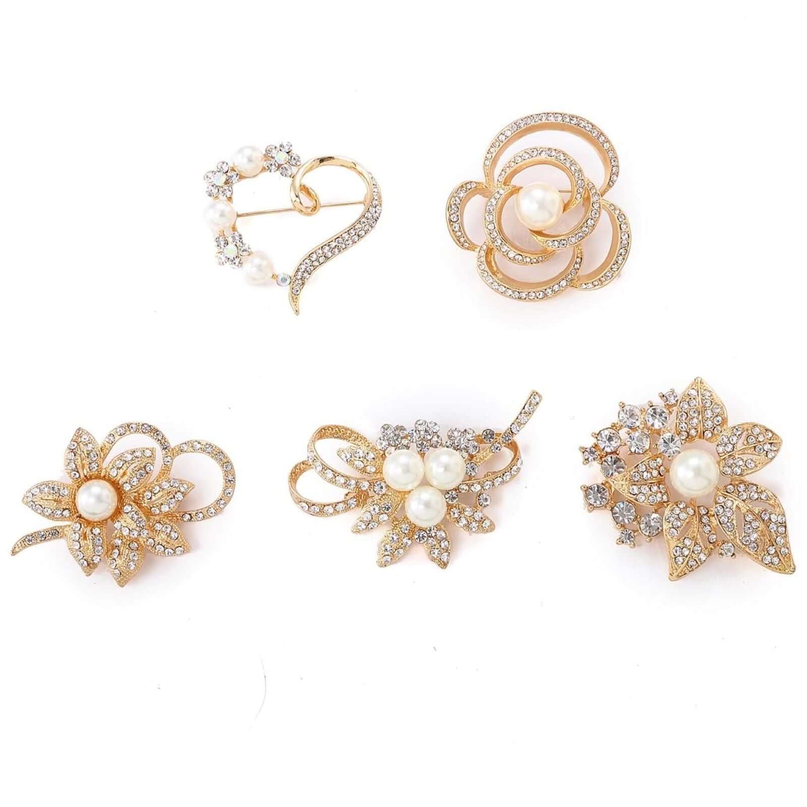 5 Pack Assorted Gold Plated Pearl and Rhinestone Brooches Floral Sash Pin Brooch Bouquet Decor