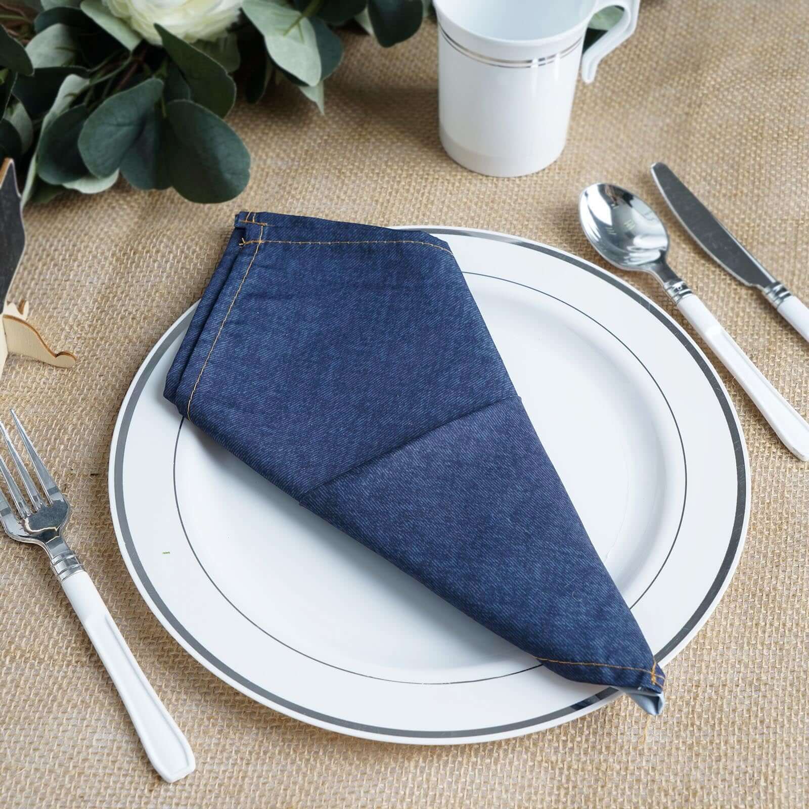 5 Pack Polyester 17x17 Napkins Navy Blue Faux Denim Style Dinner Napkins for Casual Gatherings & Themed Events
