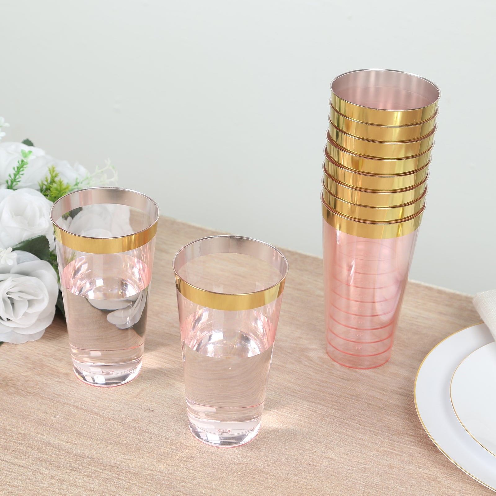 12-Pack Plastic Party Cups Transparent Blush with Gold Rim - Durable Disposable Tumblers for Drinks 17oz 5.5