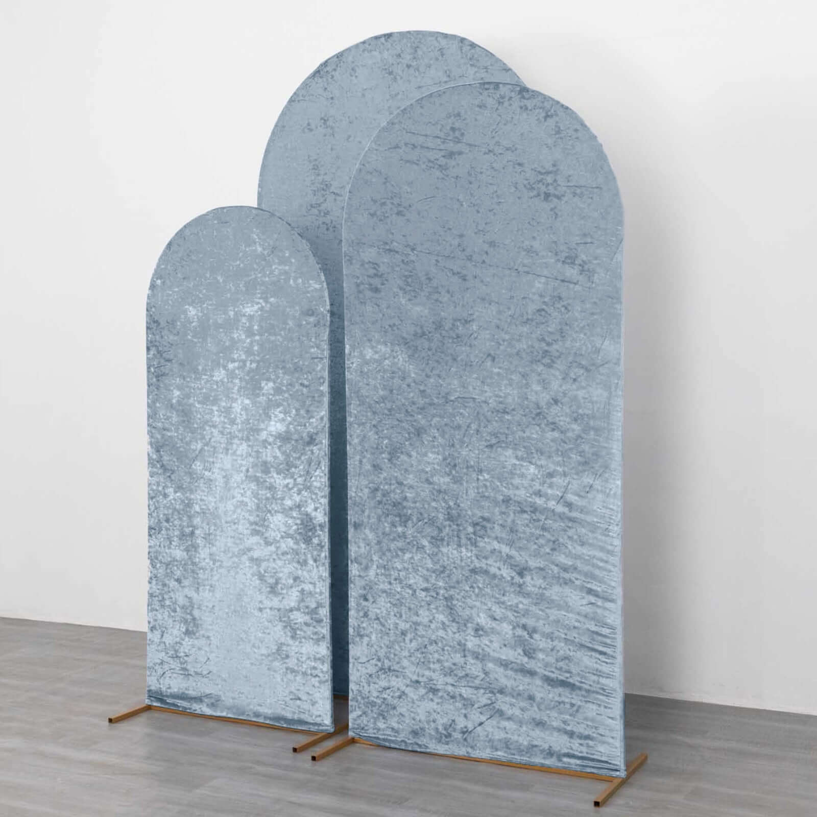 Set of 3 Dusty Blue Crushed Velvet Chiara Backdrop Stand Covers For Round Top Wedding Arches - 5ft, 6ft, 7ft