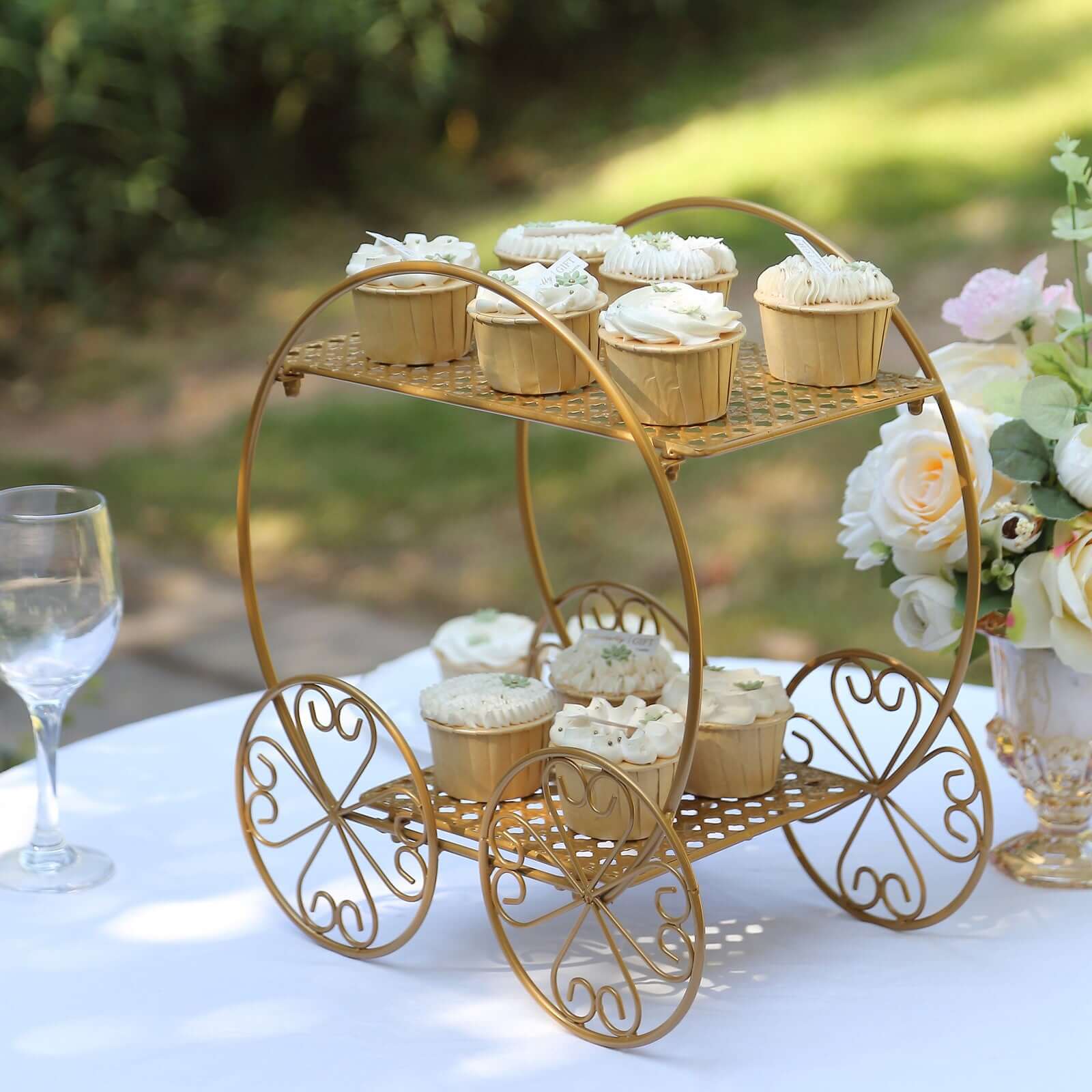 2-Tier Metal Cupcake Dessert Display Stand Gold - Sophisticated Cinderella Carriage Wedding Cake Stand Centerpiece for Fairytale Themes & Princess Parties 14