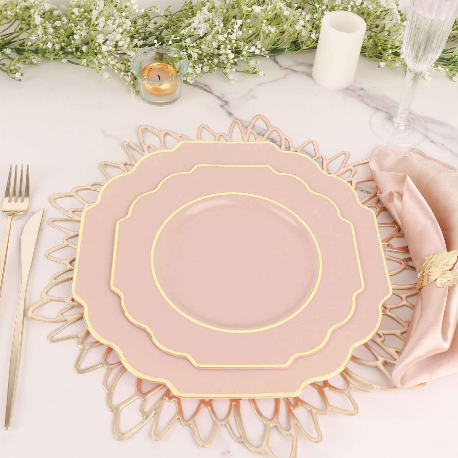 10-Pack Plastic Dinner Plates in Blush Baroque Design with Scalloped Gold Rim - Heavy Duty Disposable Party Plates 11