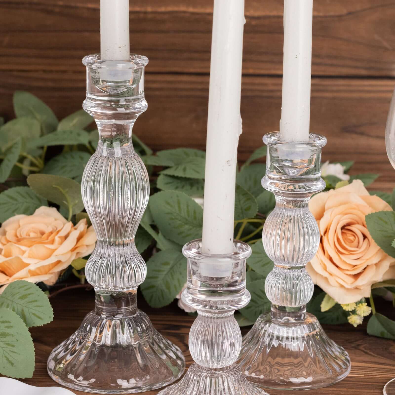 Set of 3 Glass Taper Candle Holders Fluted Design Clear - Ribbed Crystal Candlestick Stands 4, 6, 8