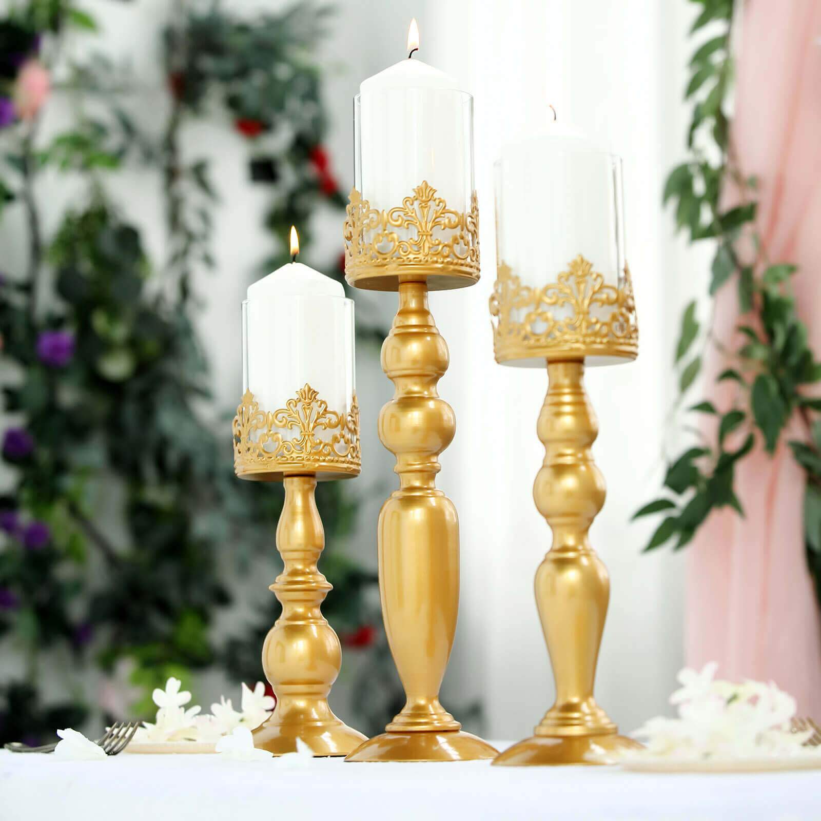 Set of 3 Lace Hurricane Candle Holders Antique Gold with Glass Shades - Chic Pillar Candle Stands 12, 14, 17