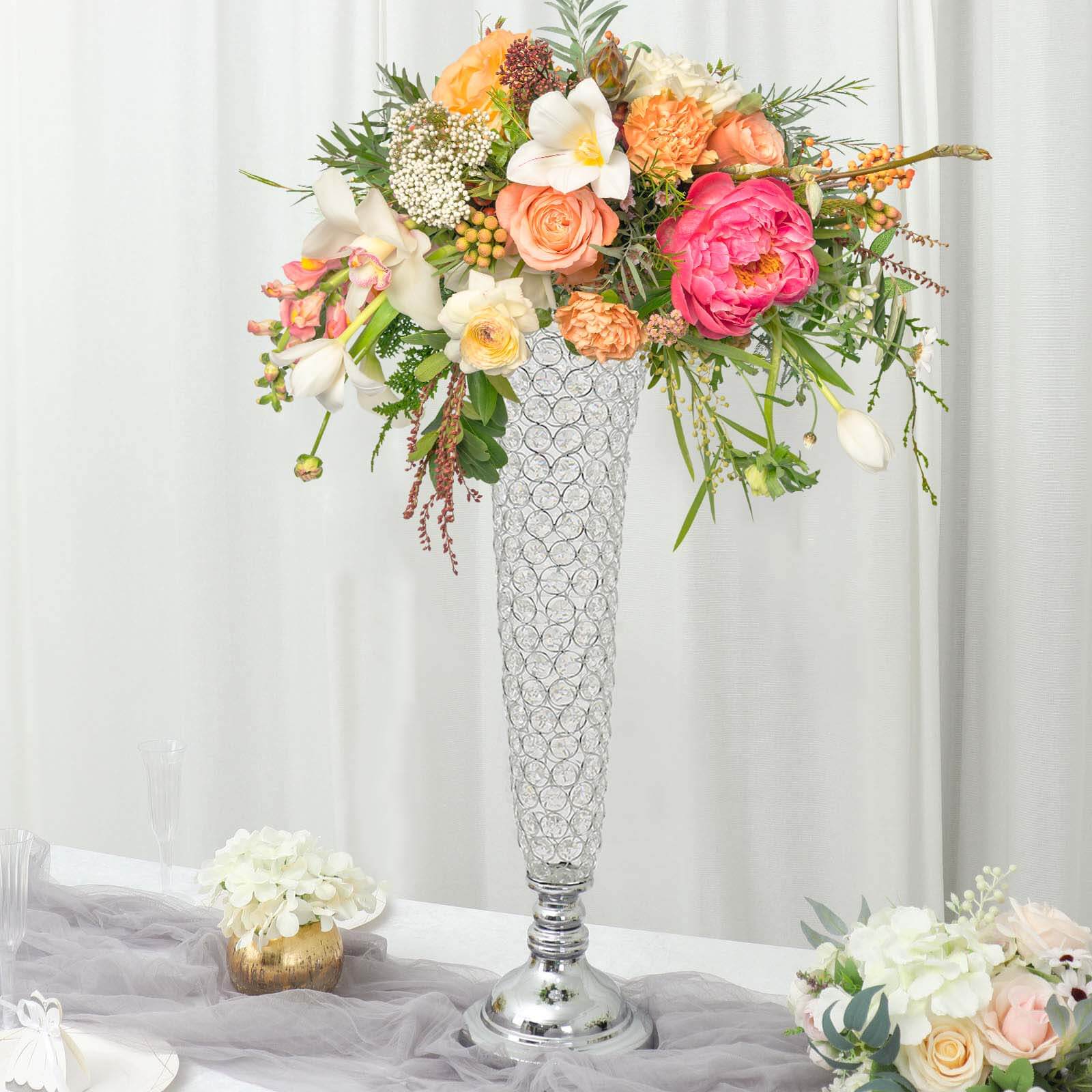 3-Pack Crystal Beaded Trumpet Vase Silver - Exquisite Floral Display Centerpiece Stand Set for Banquets & Receptions 28 Tall