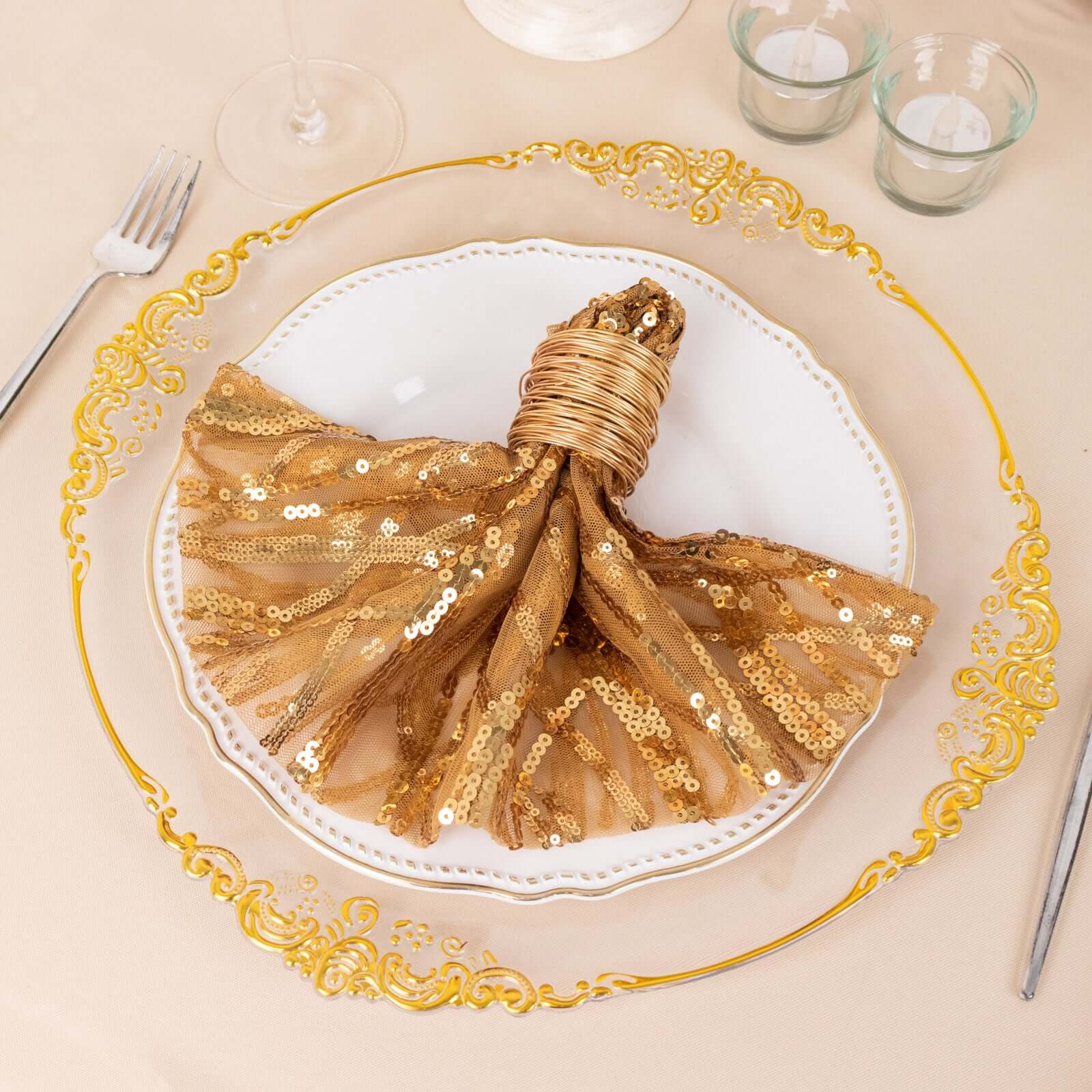 Sequin Mesh 20x20 Napkin Gold - Wave Embroidered Reusable Cloth Napkin for Glitzy Table Settings