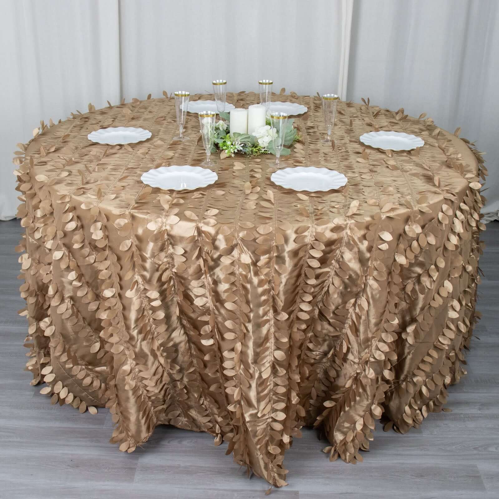 Taffeta 120 Round Tablecloth Taupe Leaf | 3D Leaf Petal Design Seamless Table Cover