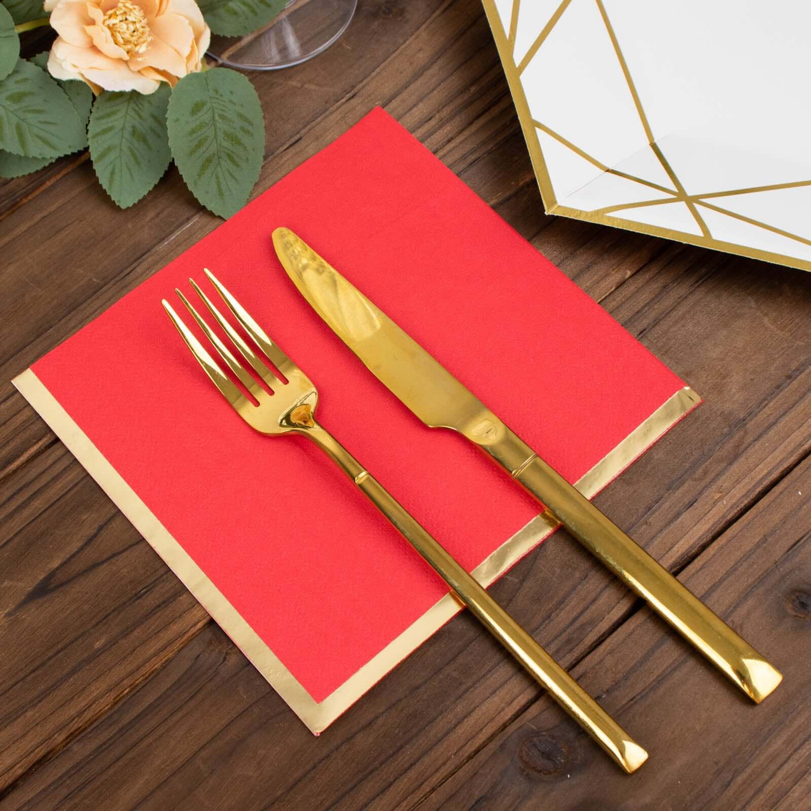 50-Pack Paper Beverage Napkins with Gold Foil Edge Red - Disposable 2 Ply Cocktail Napkins for Events 6.5x6.5