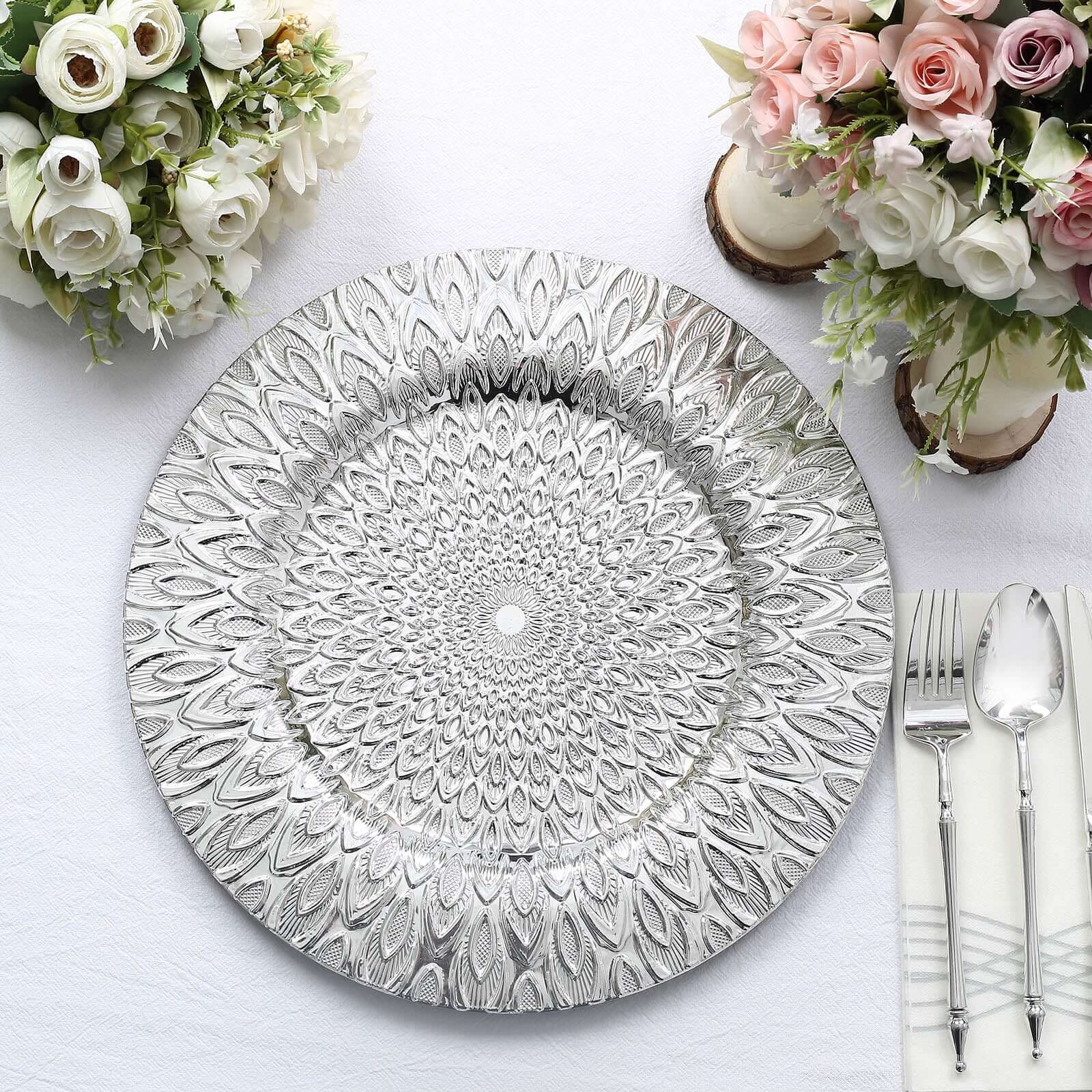 6-Pack Plastic Round Charger Plates 13 in Silver with Embossed Peacock Pattern, Stylish Disposable Charger Tableware