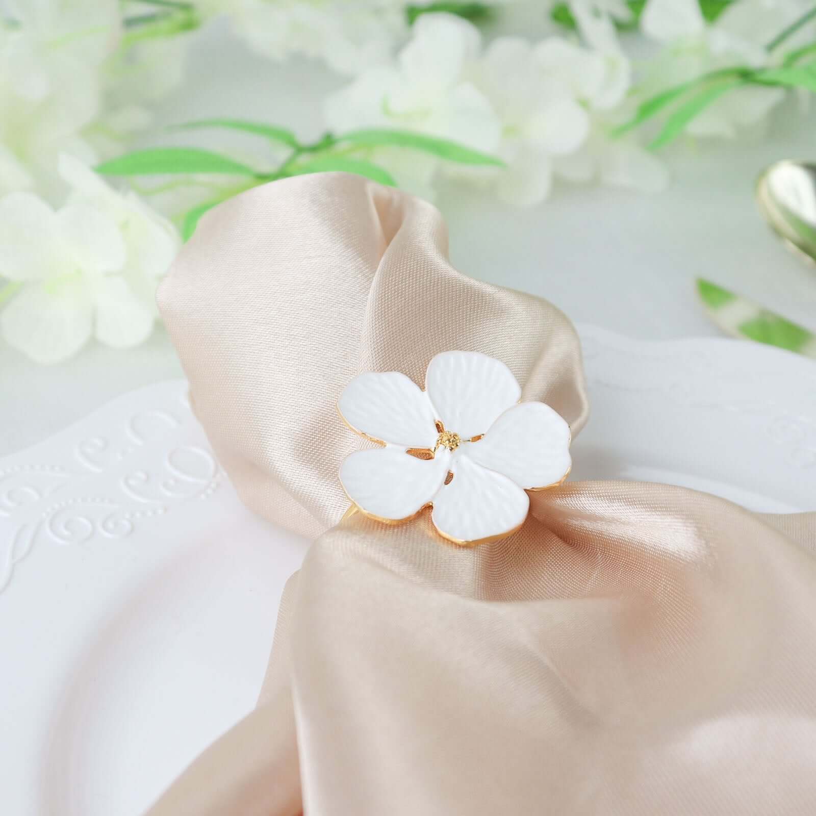 4 Pack White and Gold Metal Flower Napkin Rings, Floral Serviette Buckle Napkin Holder Set - Plum Blossom Design