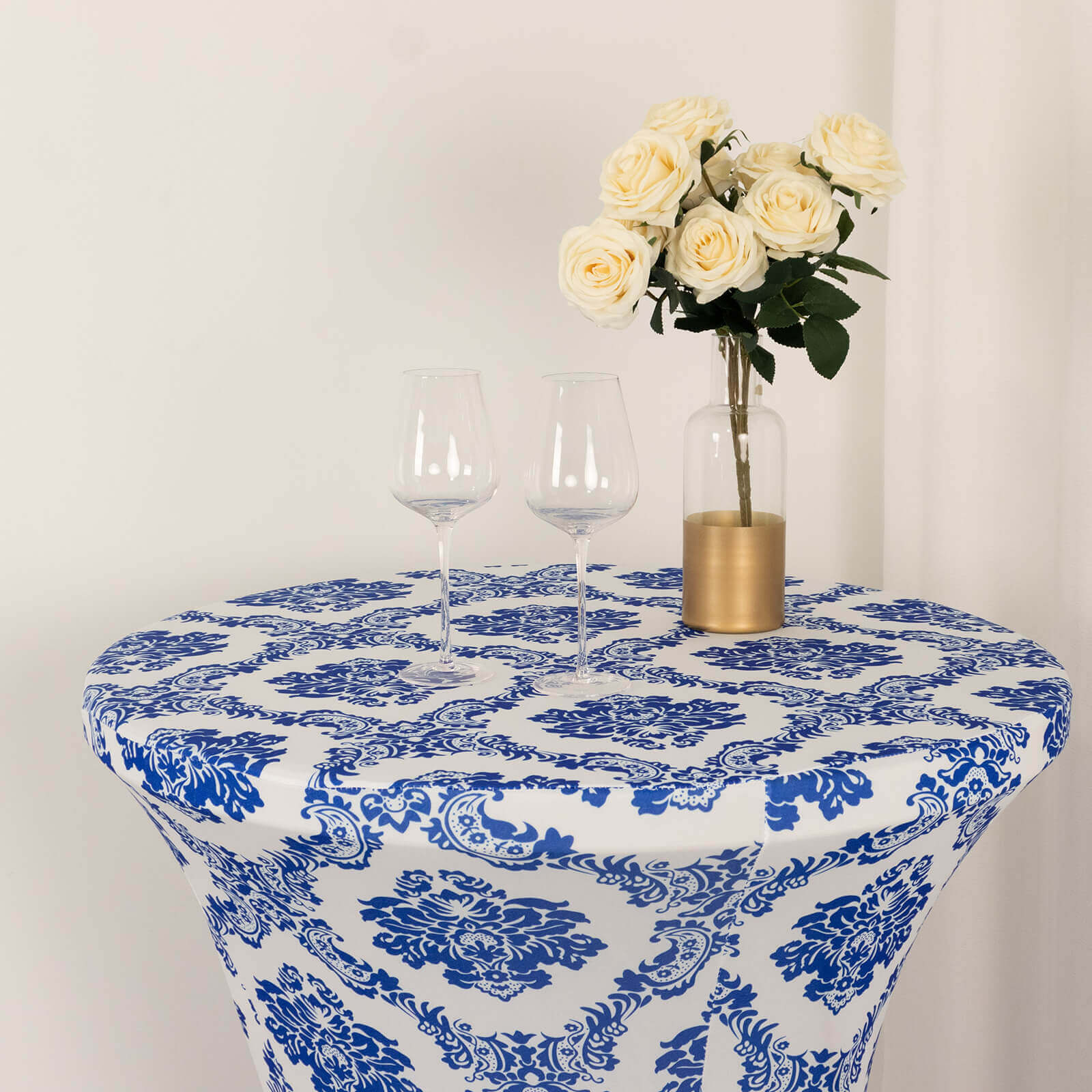 Spandex 24-32 Round Cocktail Table Cover Royal Blue Damask Highboy Tables - Easy to Maintain Stretch Fitted Tablecloth