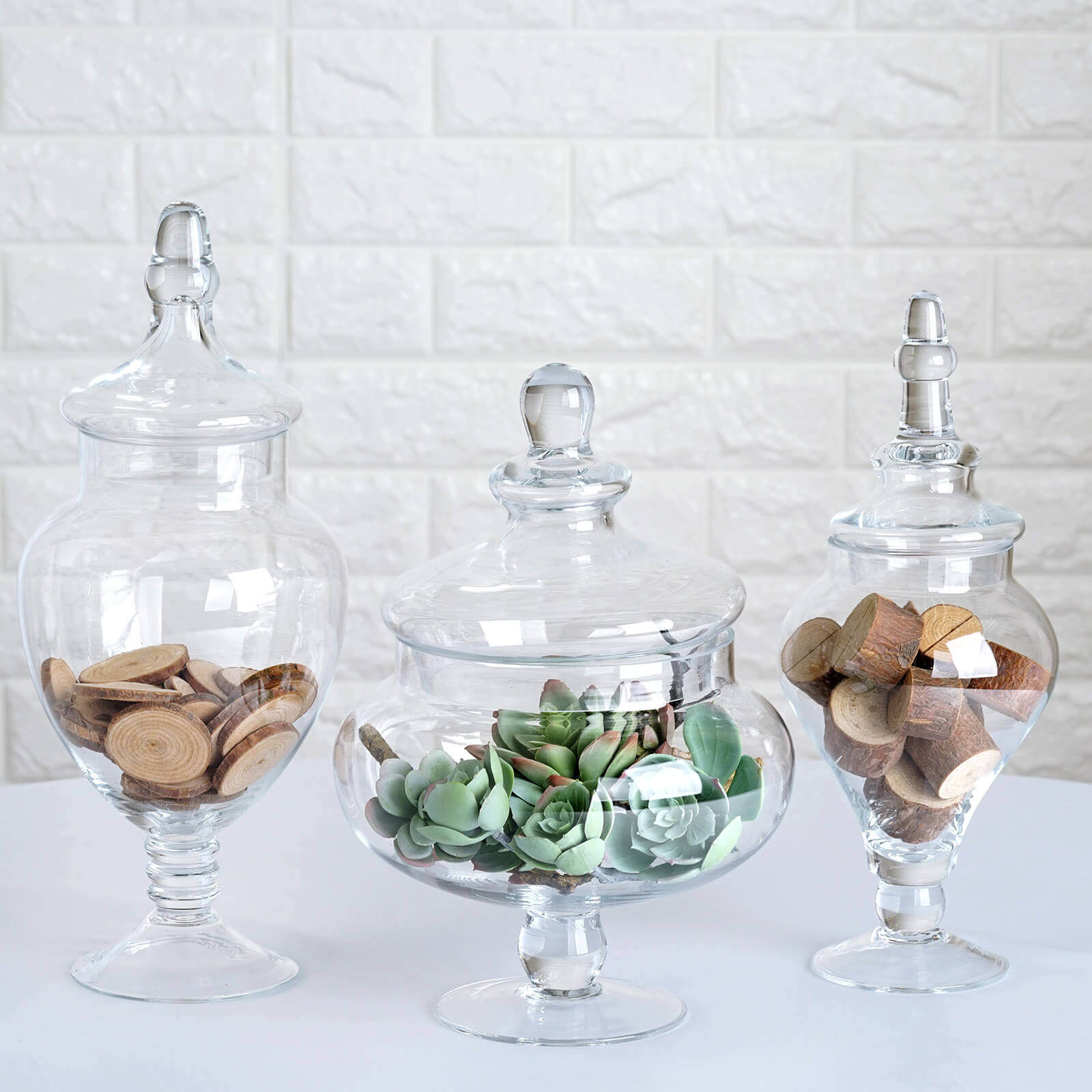 Set of 3 Glass Candy Jars Pedestal Apothecary Design Clear with Snap-On Lids - Stylish Party Favor Containers 10/12/14