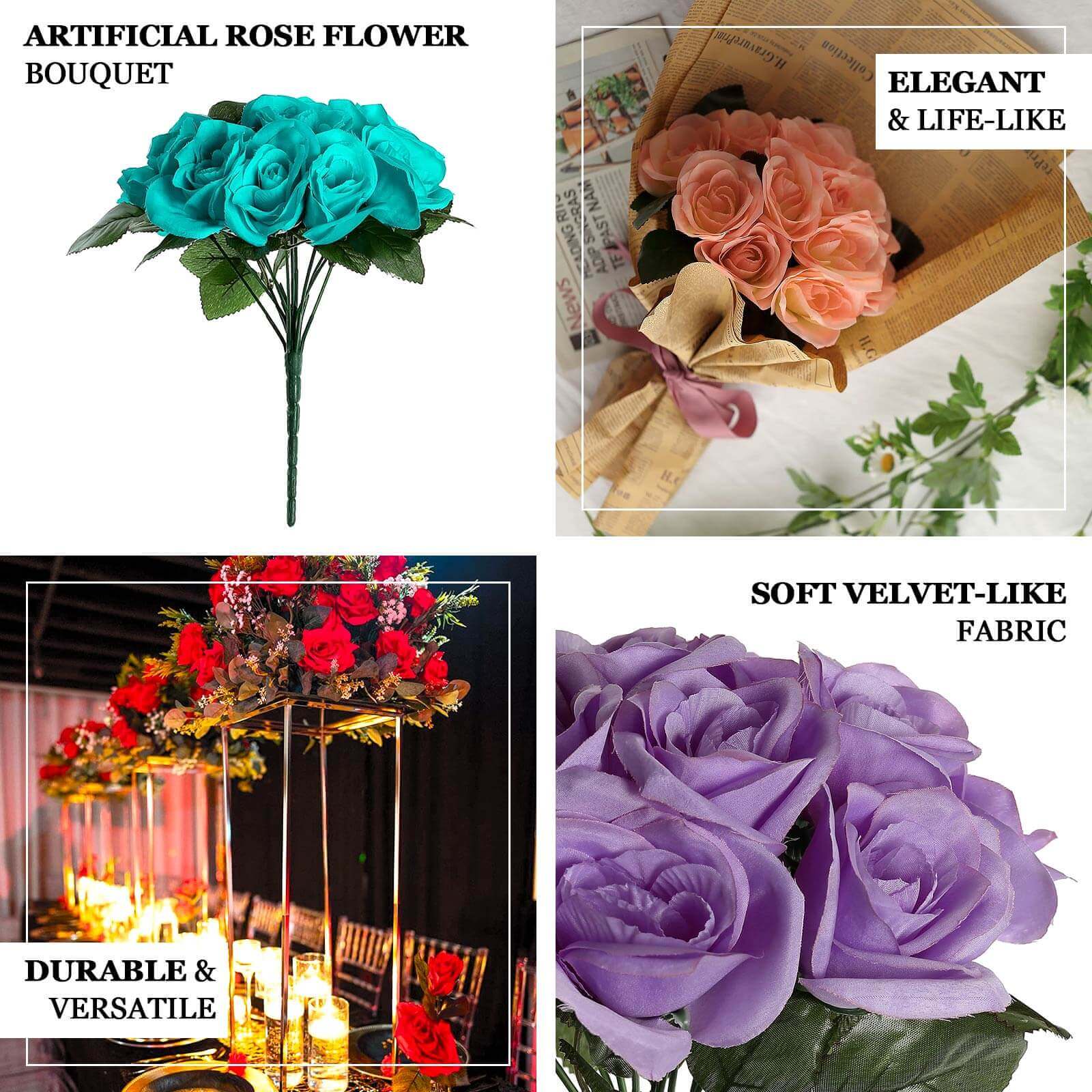 12 Dusty Rose Artificial Velvet-Like Fabric Rose Flower Bouquet Bush