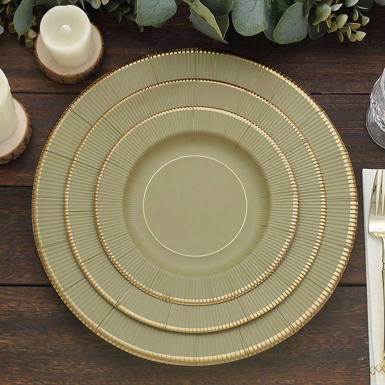 25-Pack Paper 8 Round Dessert Plates in Khaki Sunray Design with Gold Rim - Disposable Heavy Duty 350GSM Appetizer Salad Plates