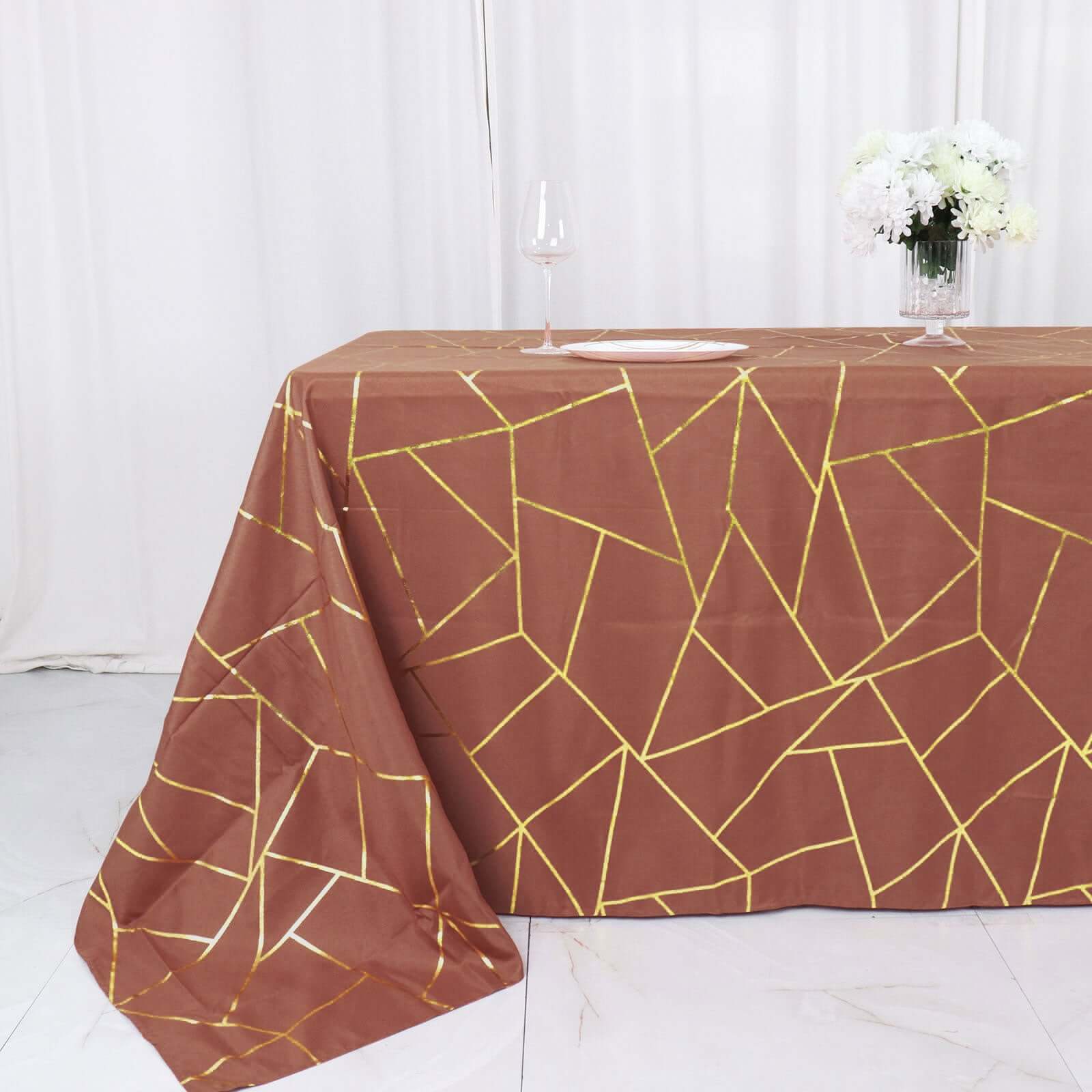 Polyester 90x132 Rectangle Tablecloth Terracotta (Rust) with Gold Foil Geometric Pattern - Wrinkle-Resistant Seamless Table Cover