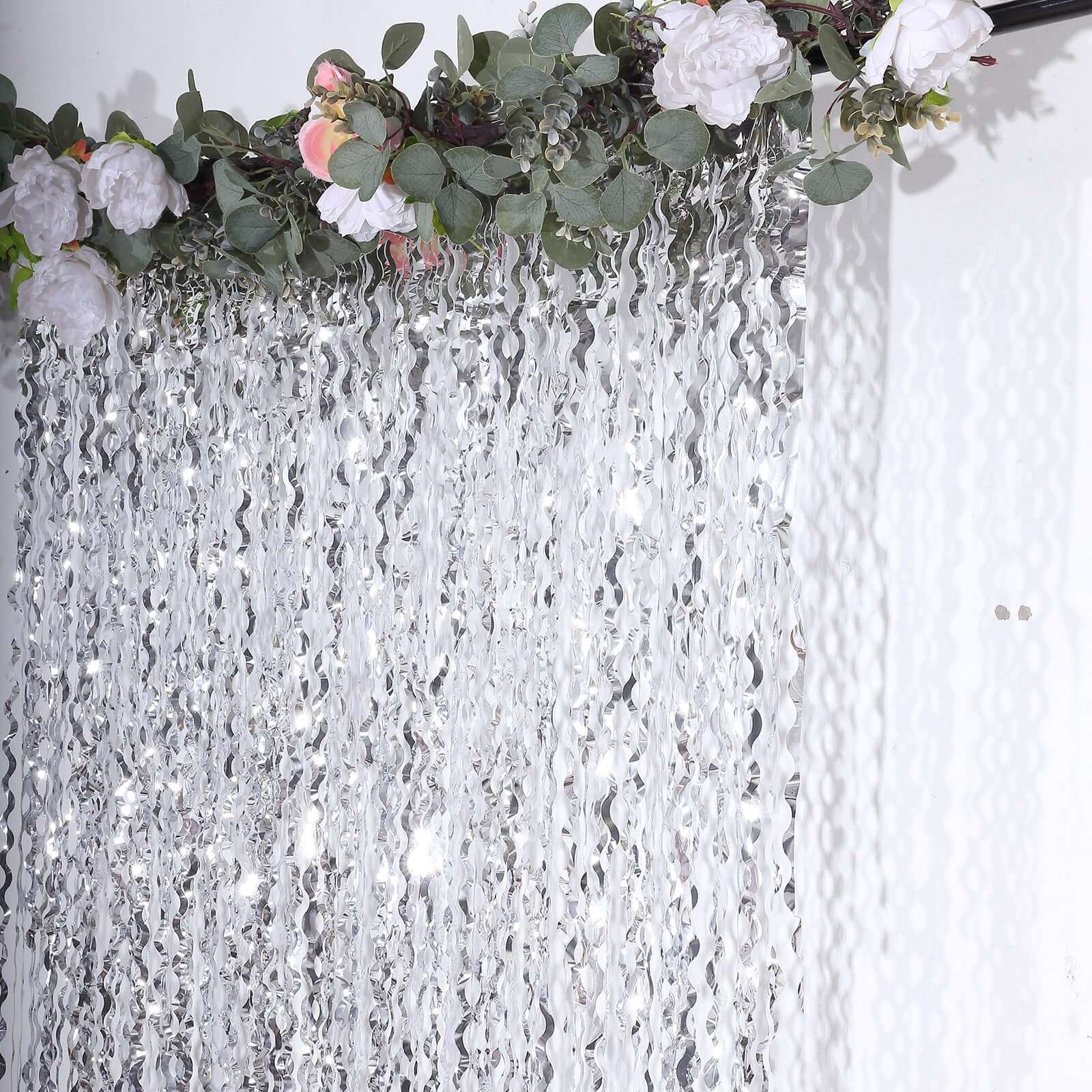 Metallic Silver Wavy Foil Fringe Party Backdrop, Curly Tinsel Streamer Photo Booth Curtain - 3ftx6ft