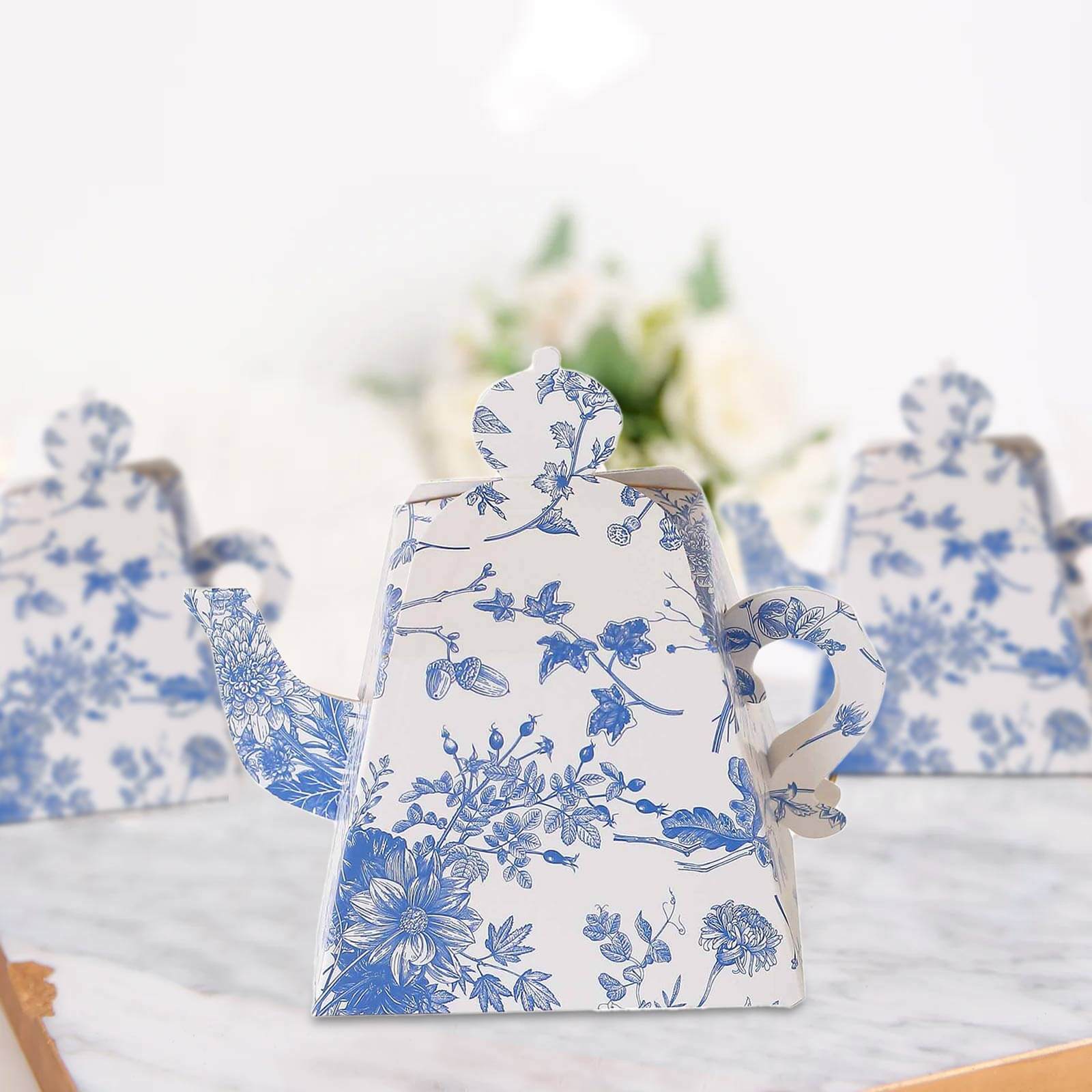 25 Pack White Blue Mini Teapot Party Favor Boxes in French Toile Pattern, Tea Time Gift Boxes - 5x4