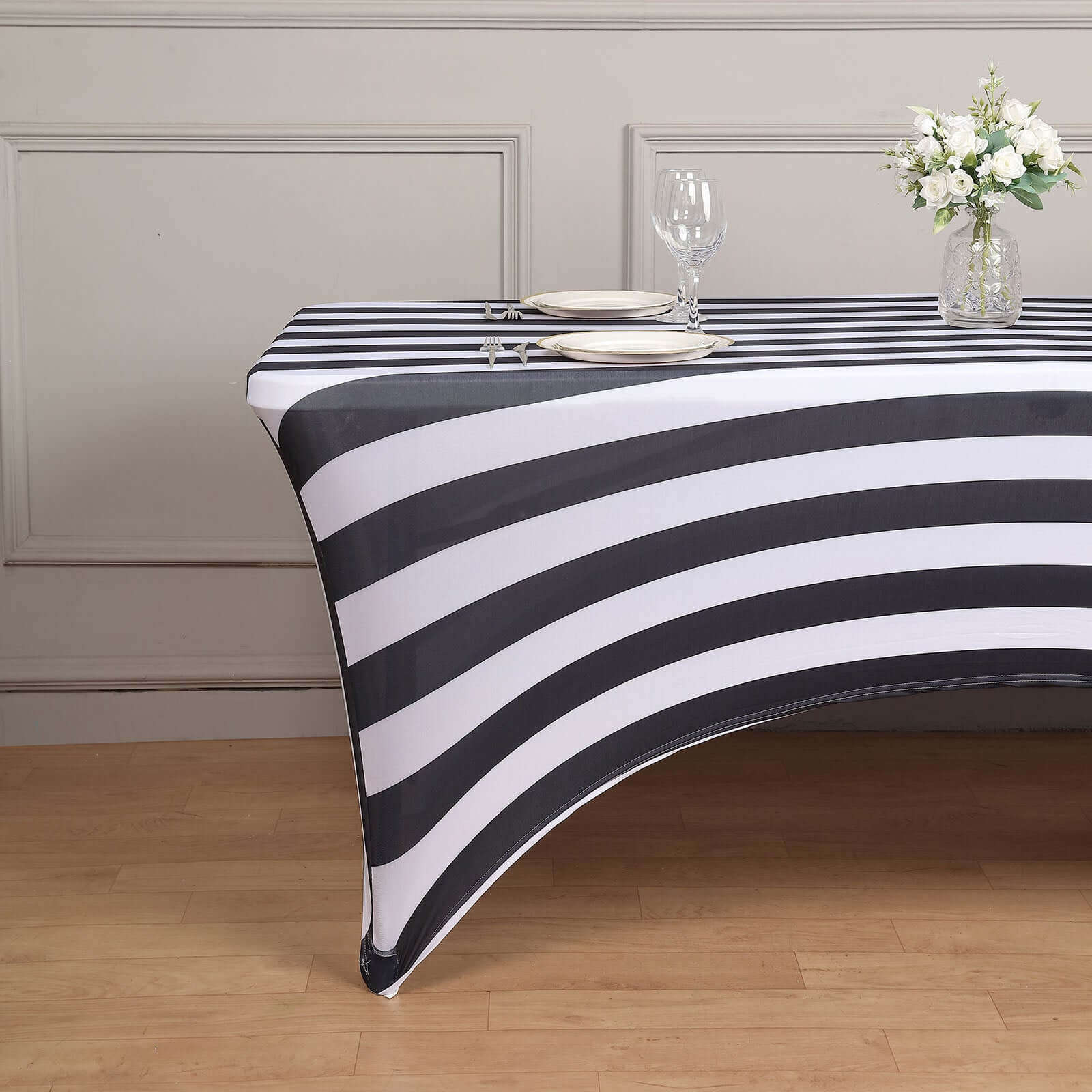 Stretch Spandex 8ft Rectangle Tablecloth Black/White Vertical Stripes - Durable Form-Fitting Tablecloth for Events & Presentations