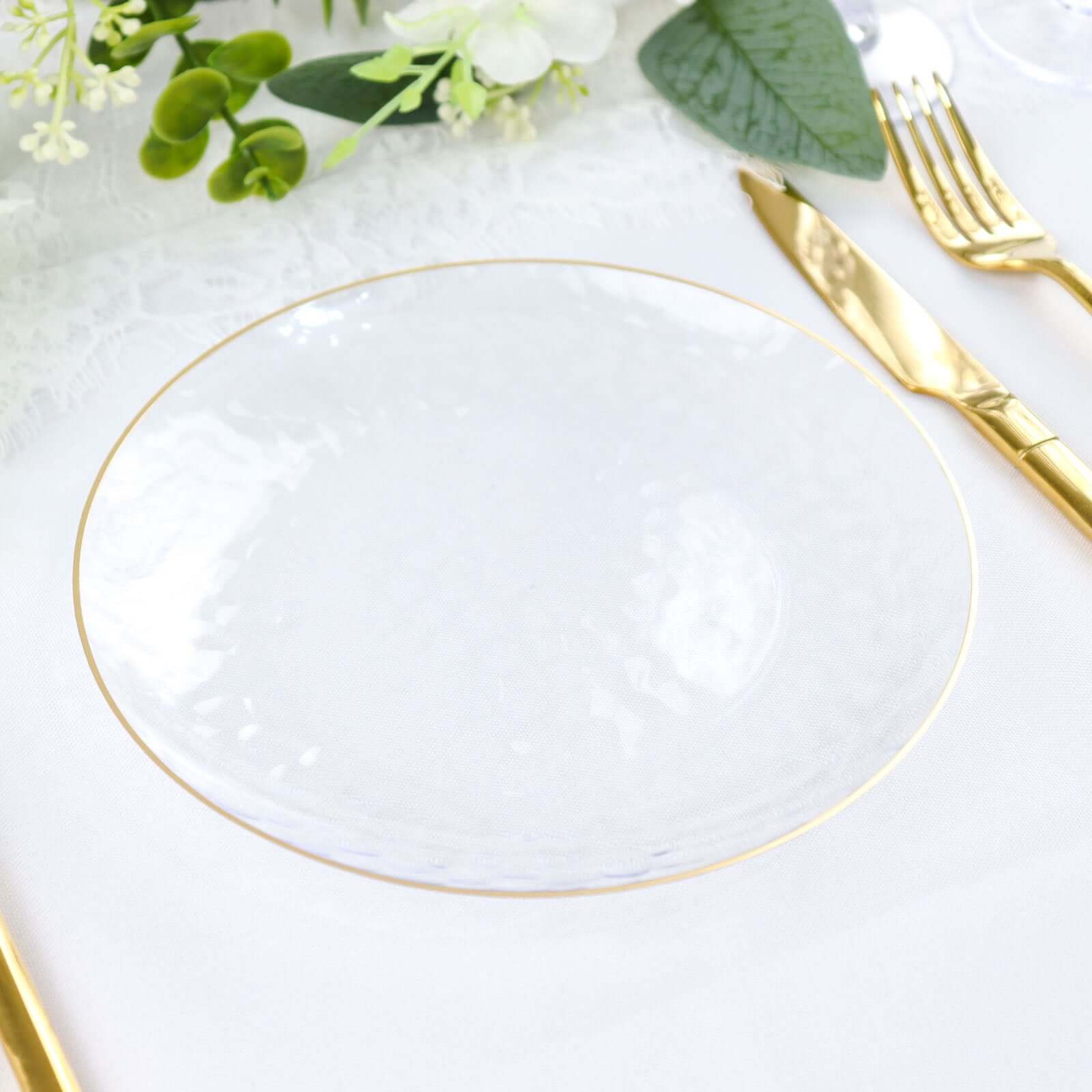 10-Pack Plastic 7 Round Dessert Appetizer Plates in Clear Hammered Design with Gold Rim - Modern Disposable Salad Plates