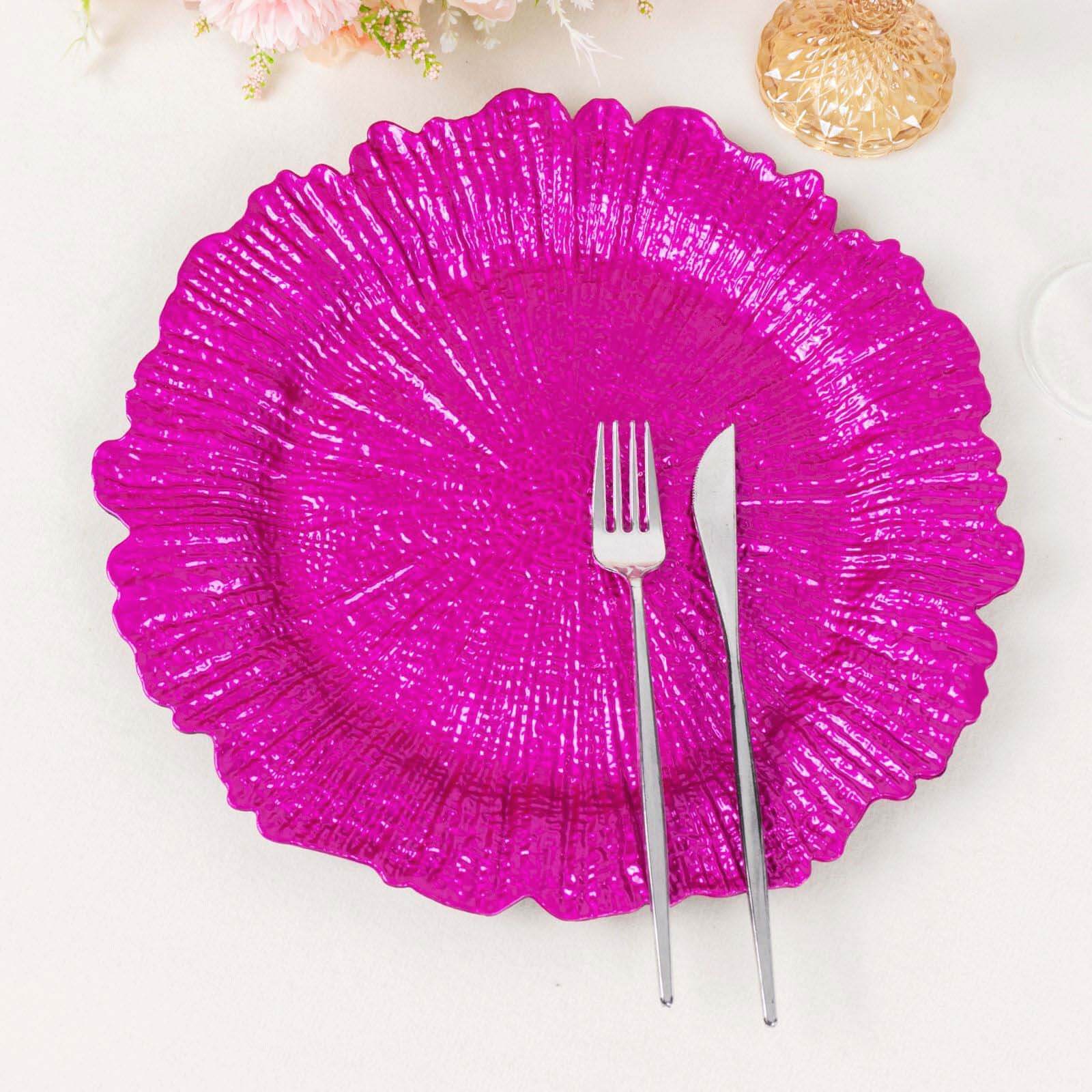 6-Pack Acrylic Plastic Round Charger Plates 13 in Fuchsia with Reef Design, Dinner Charger Tableware