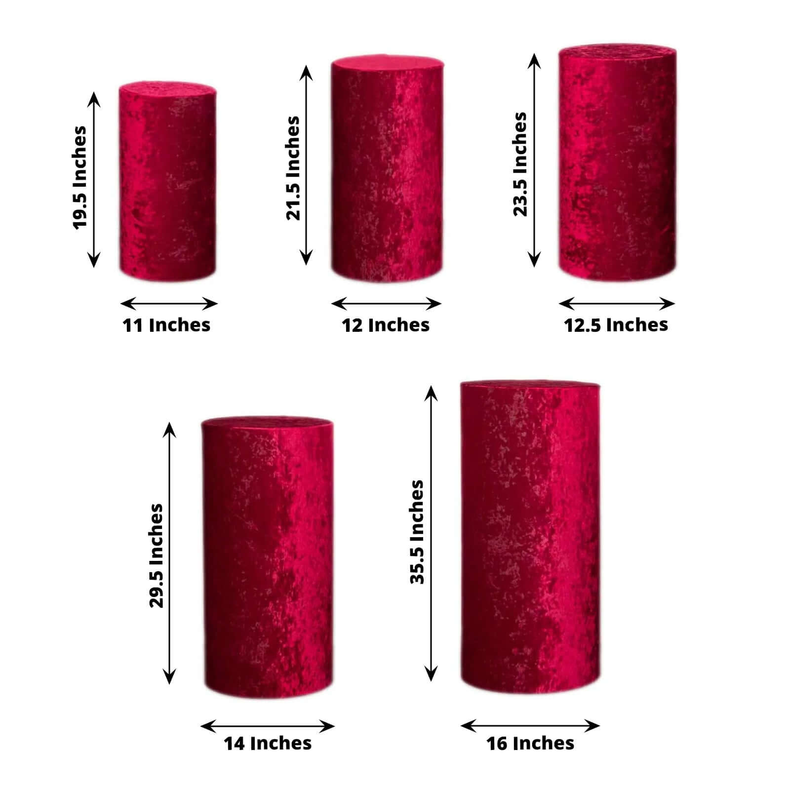 Set of 5 Red Crushed Velvet Cylinder Pedestal Stand Covers, Premium Pillar Prop Covers