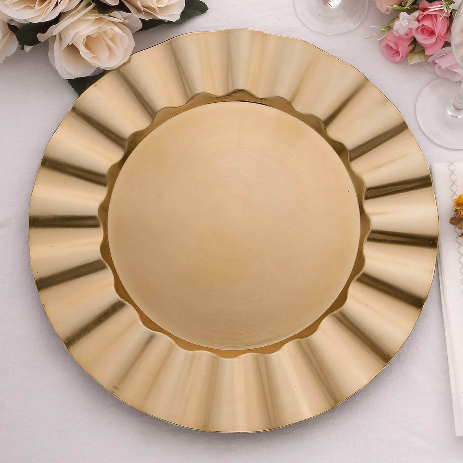 6-Pack Acrylic Plastic Round Charger Plates 13 in Gold with Wavy Scalloped Rim, Decorative Dinner Party Charger Tableware