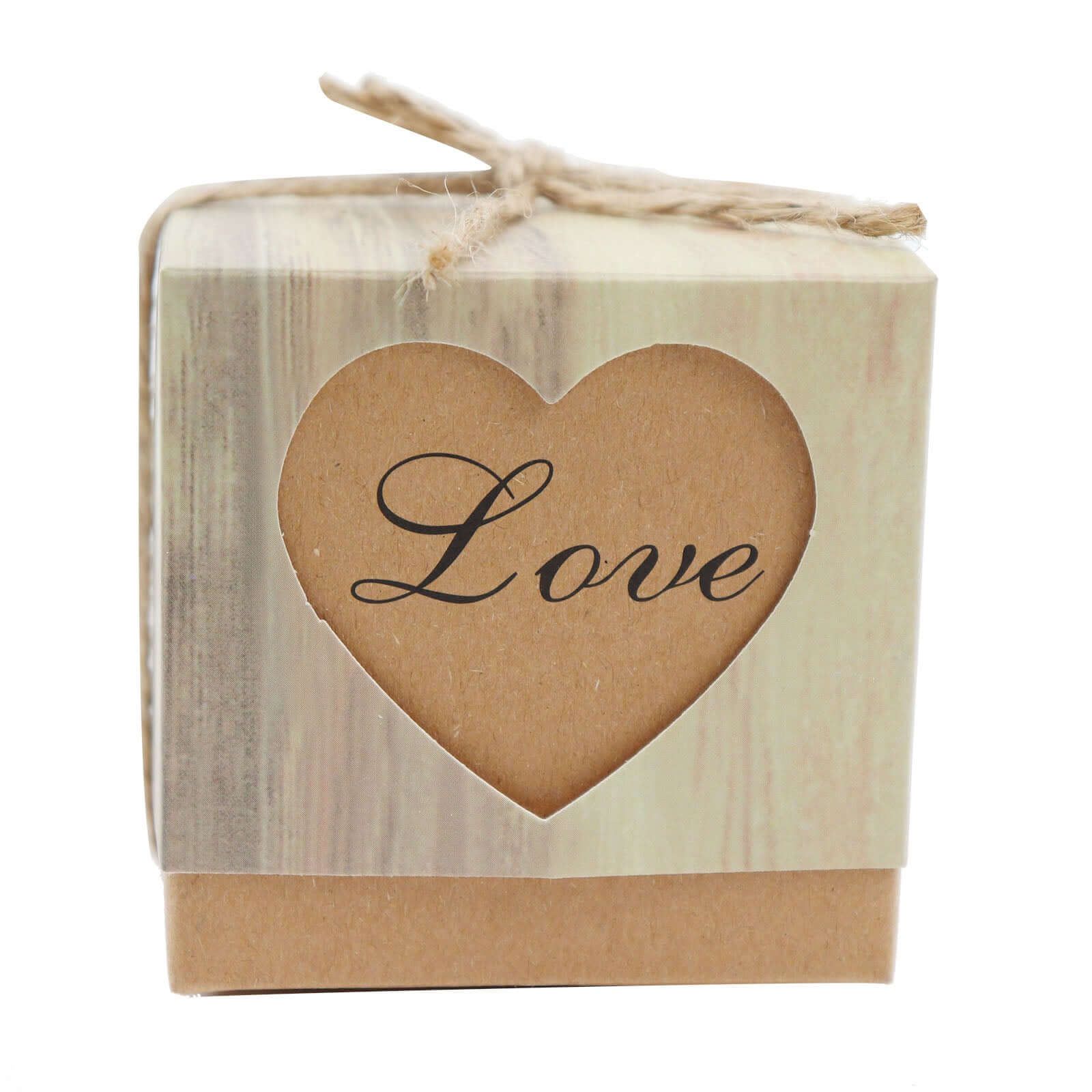 25 Pack 2.5 Rustic Wood Pattern Natural Brown Paper Candy Gift Boxes, Square Party Favor Boxes with Burlap Jute Twine and Love Heart Cut Out