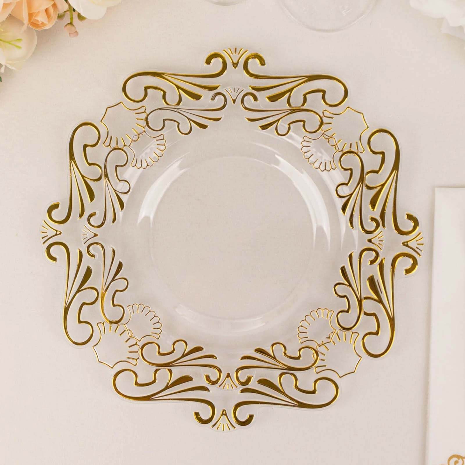 10-Pack Plastic 8 Round Dessert Plates in Clear with Gold Vintage Baroque Scalloped Rim - European Style Disposable Salad Appetizer Plates