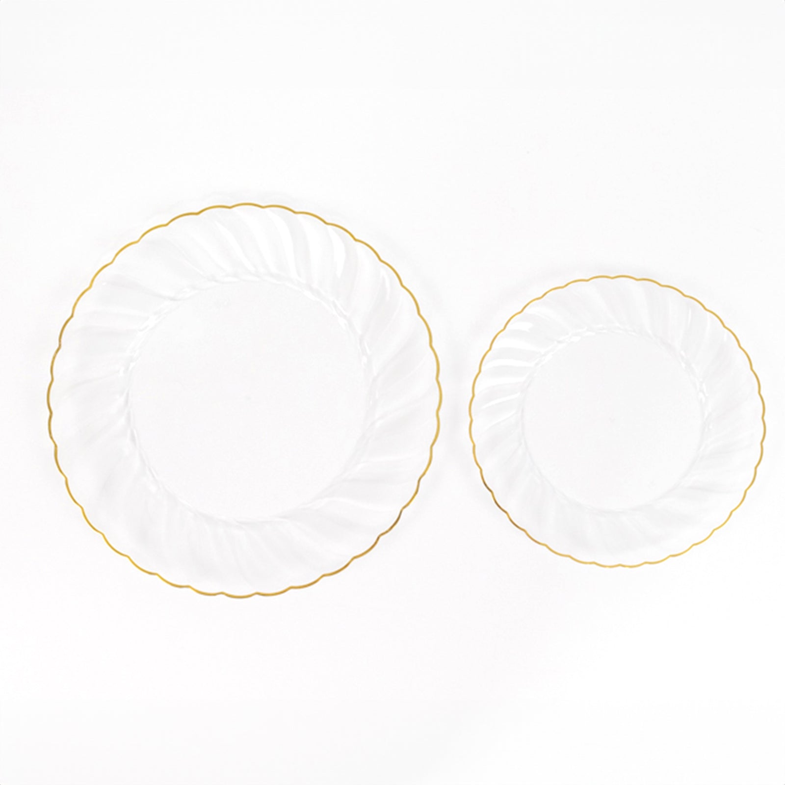 10-Pack Plastic 10 Round Dinner Plates in Clear with Gold Flair Rim - Disposable Party Plates for Upscale Banquets & Special Occasions