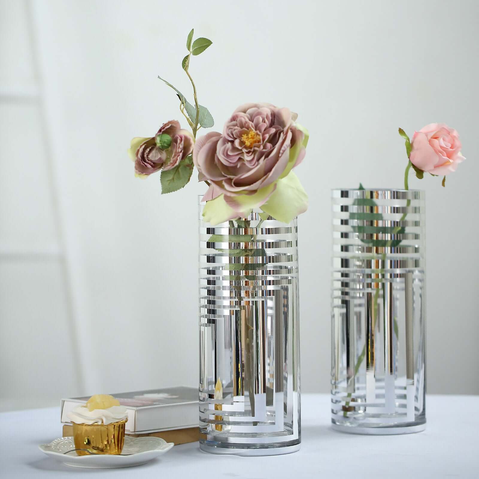 2-Pack Glass Cylinder Vases Silver Striped - Sophisticated Flower Centerpieces for Events 11